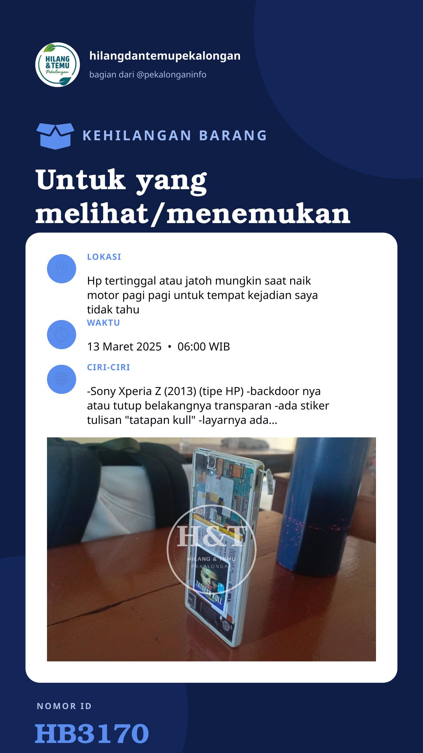 Story 9:16 laporan Untuk yang melihat/menemukan hp tipe "Sony Xperia Z" Mohon bisa untuk lapor🙏