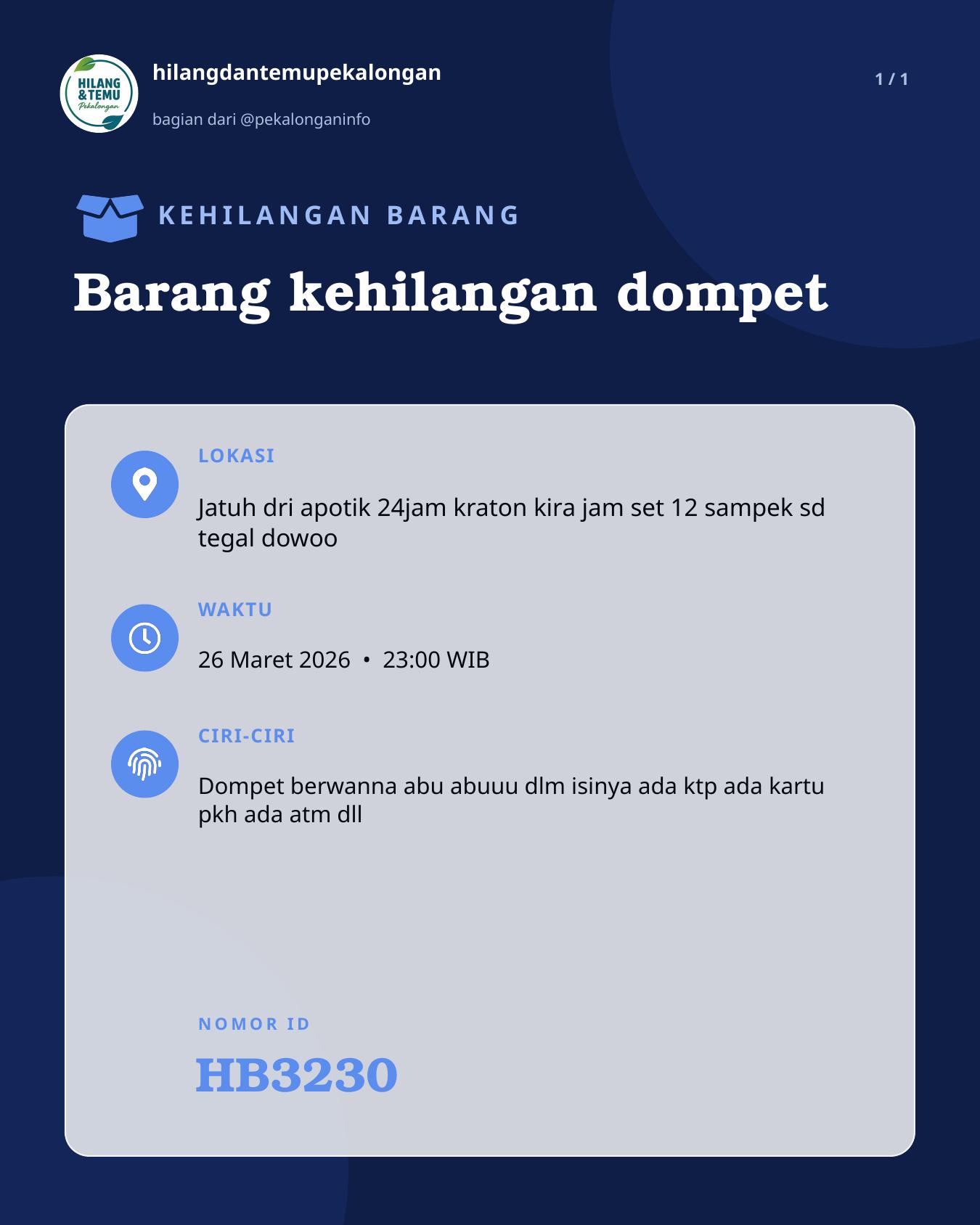 Slide laporan Barang kehilangan dompet (HB3230)