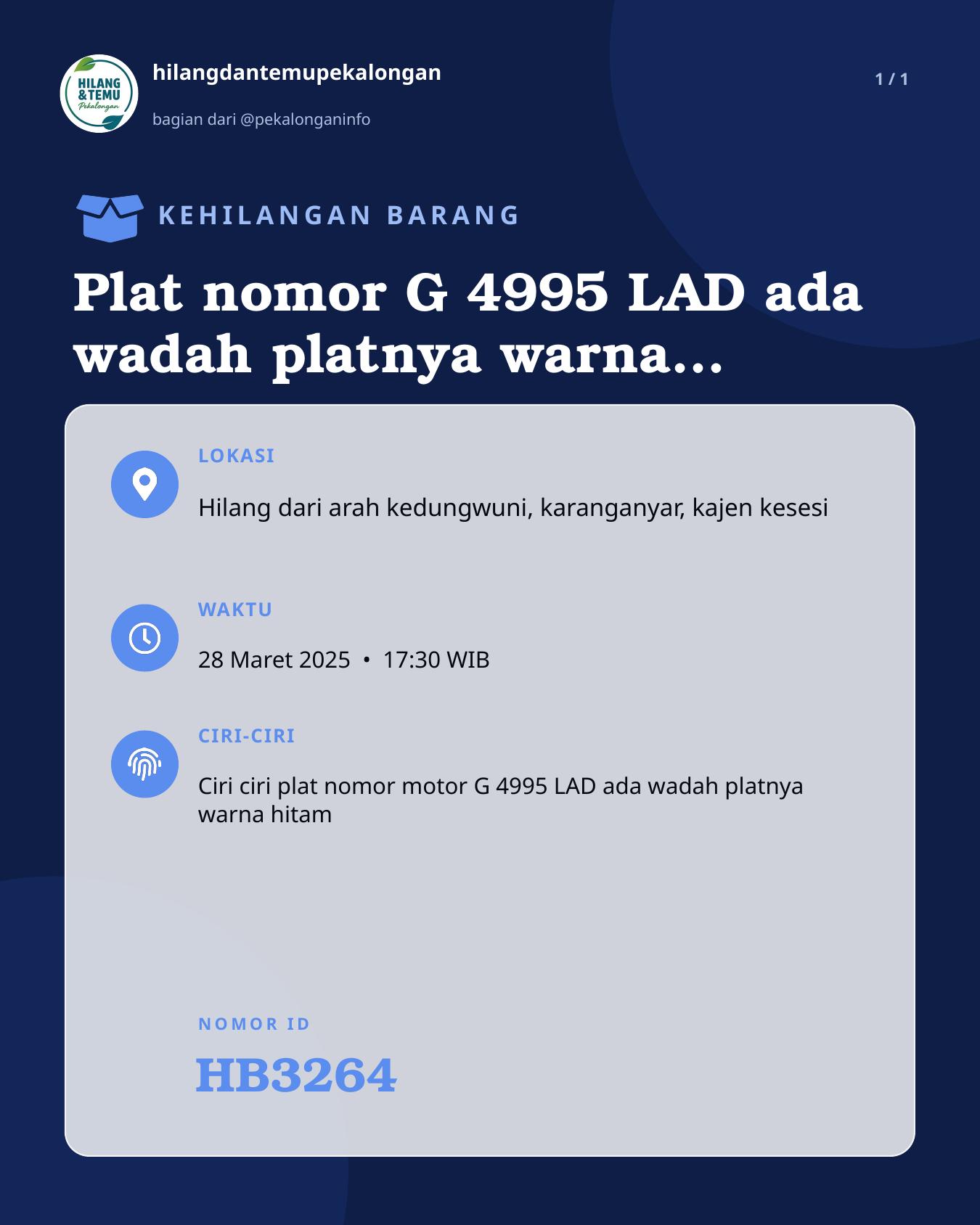 Slide laporan Plat nomor G 4995 LAD ada wadah platnya warna hitam (HB3264)