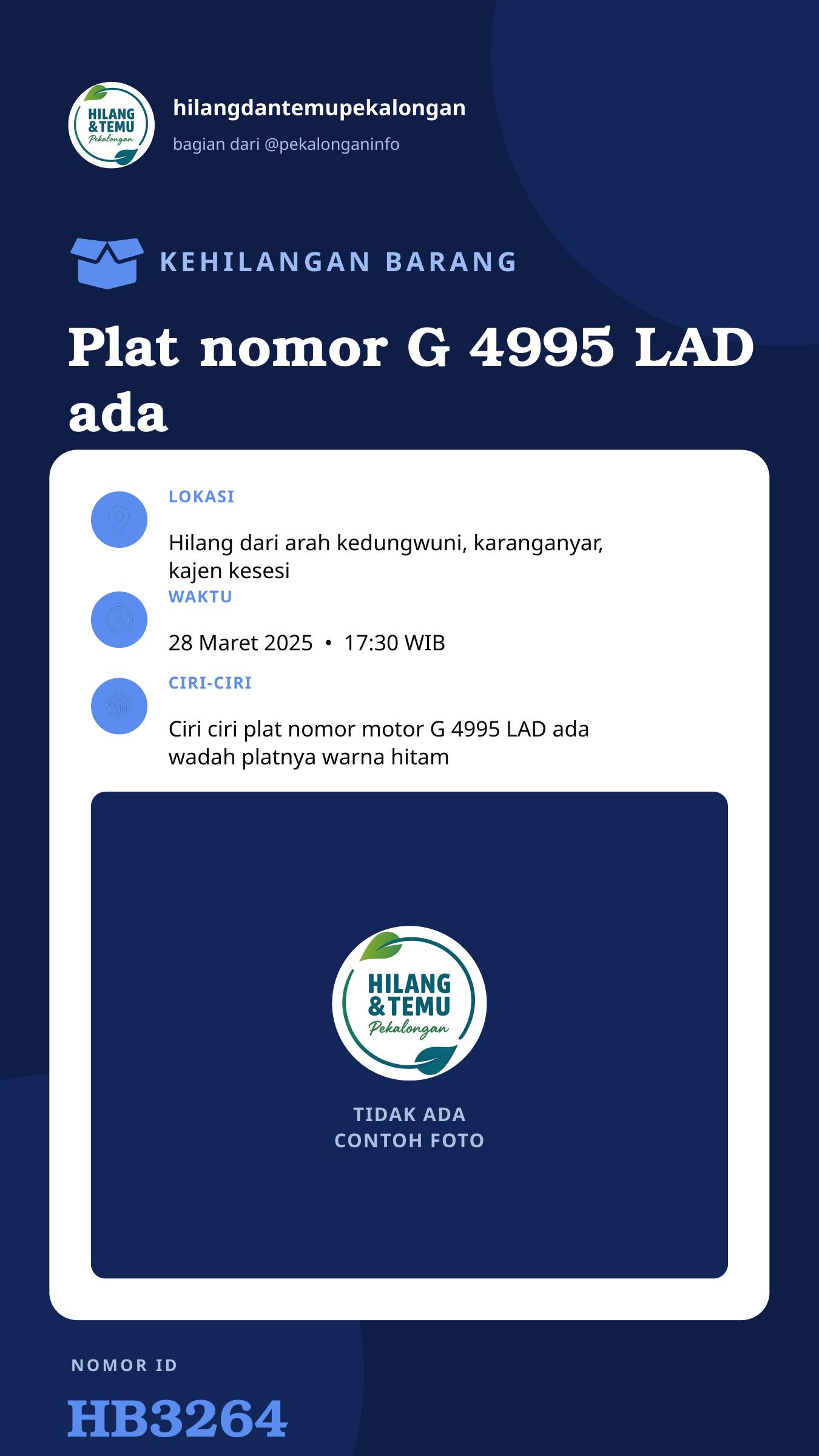 Story 9:16 laporan Plat nomor G 4995 LAD ada wadah platnya warna hitam