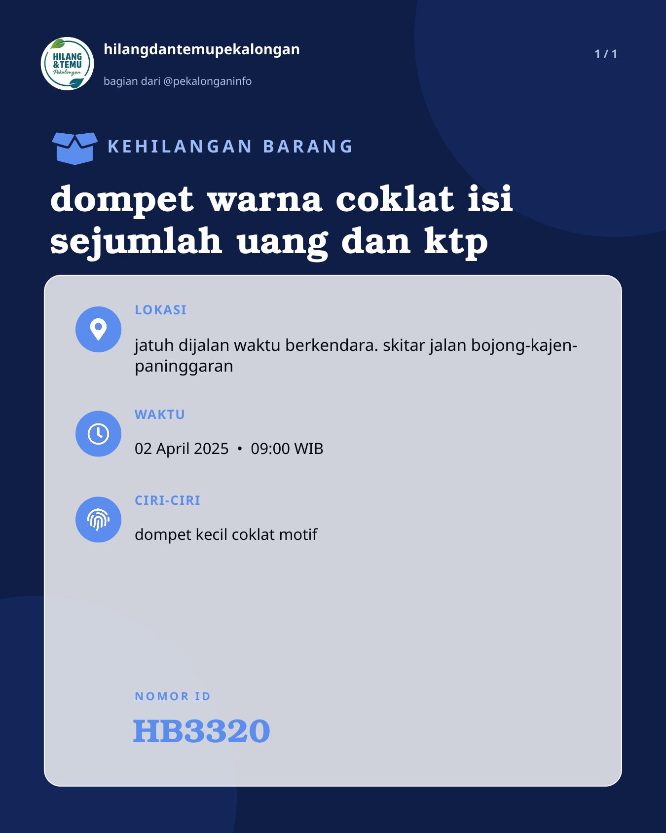 Slide laporan dompet warna coklat isi sejumlah uang dan ktp (HB3320)