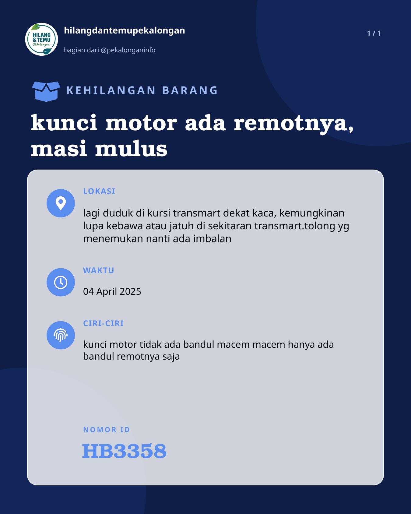 Slide laporan kunci motor ada remotnya, masi mulus (HB3358)
