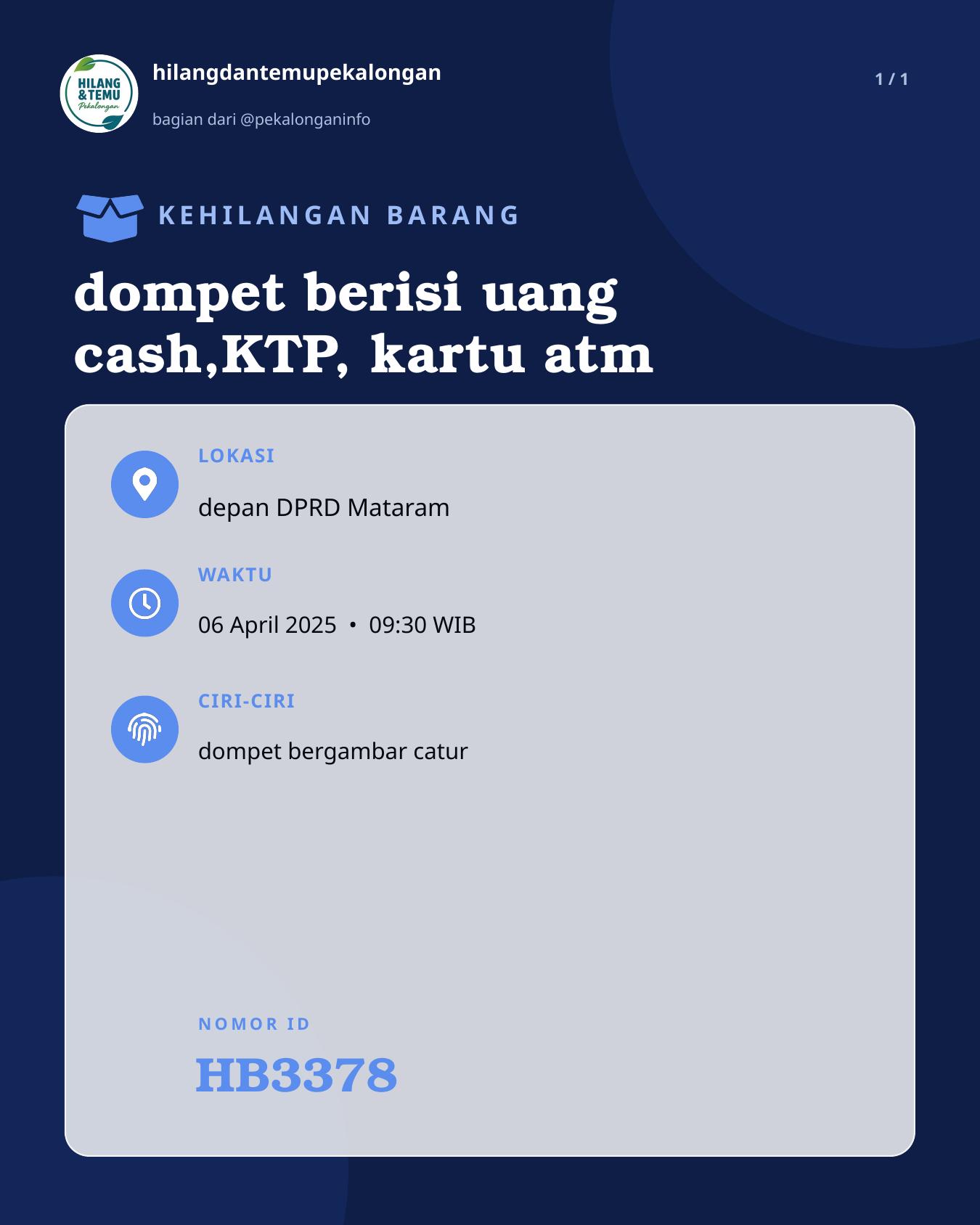 Slide laporan dompet berisi uang cash,KTP, kartu atm (HB3378)