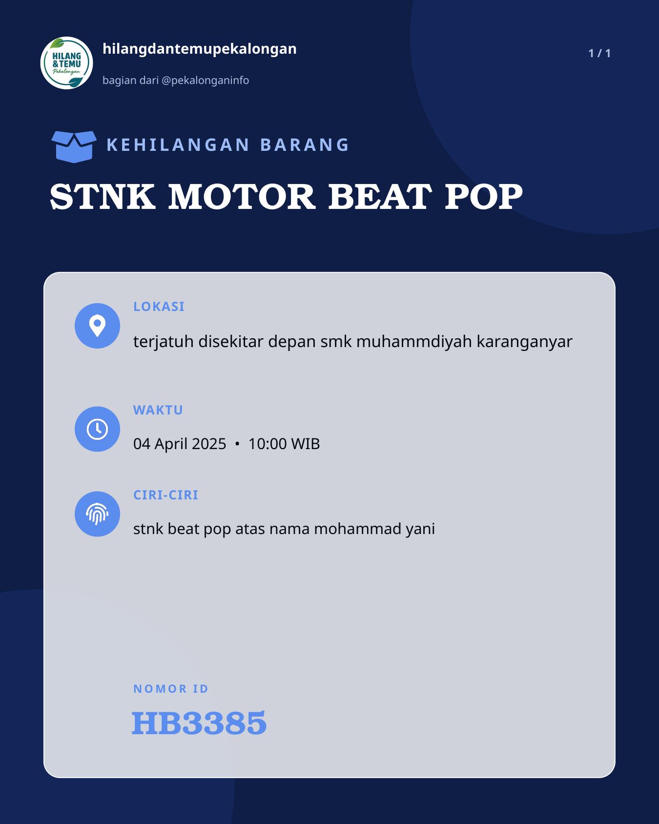 Slide laporan STNK MOTOR BEAT POP (HB3385)