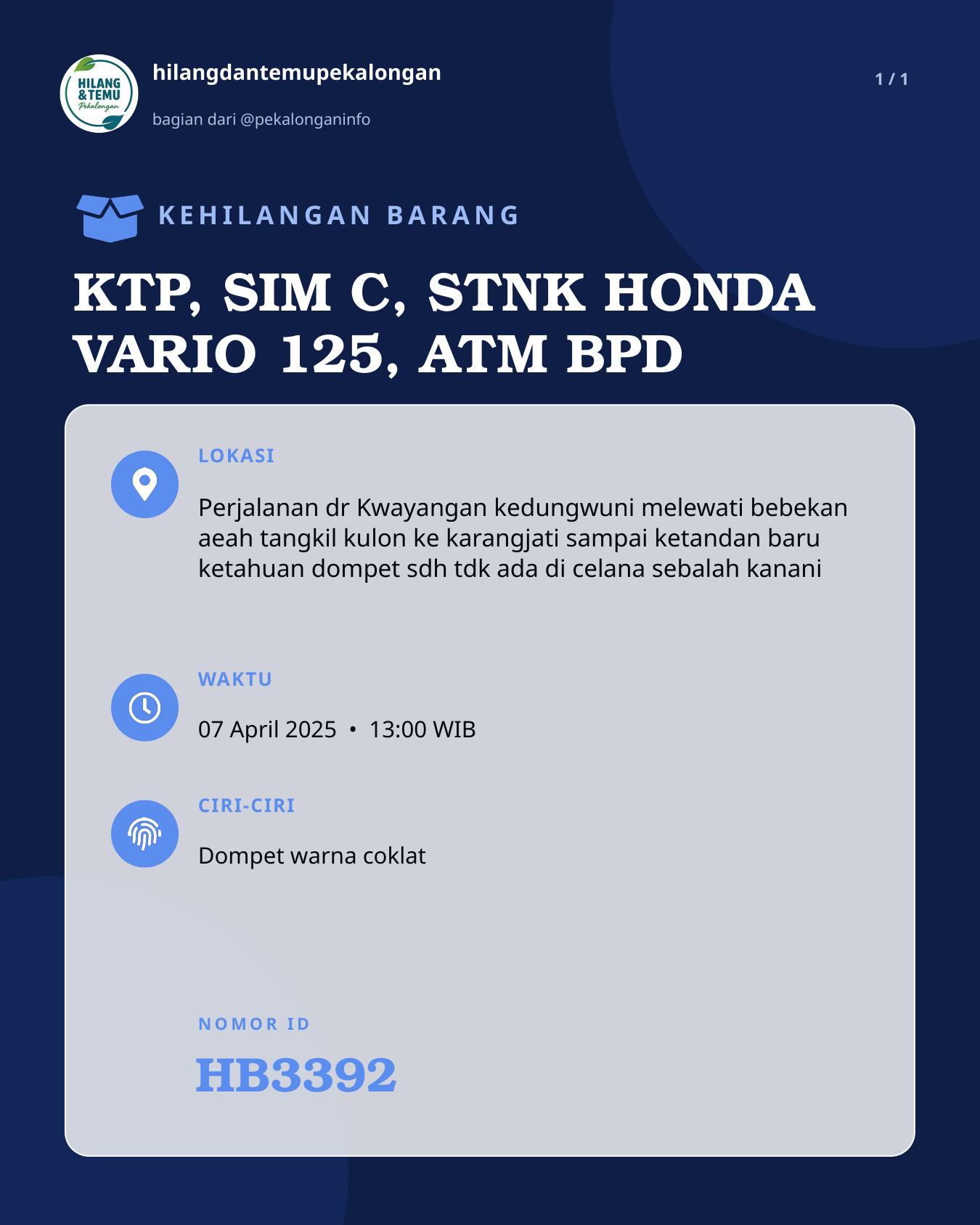 Slide laporan KTP, SIM C, STNK HONDA VARIO 125, ATM BPD (HB3392)