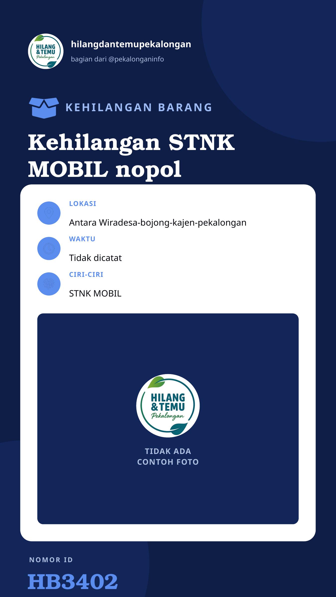 Story 9:16 laporan Kehilangan STNK MOBIL nopol T1356EP atas nama PANJI KERTAPATI, hilang antara Wiradesa-bojong-kajen-pekalongan. jika ketemu di jalan harap hubungin no saya 085156101321 siapapun yang menemukan akan saya kasih imbalan.