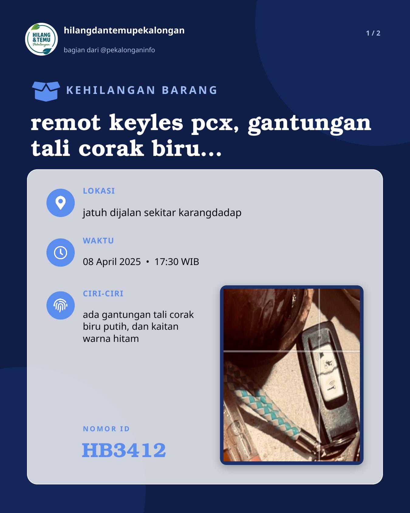 Slide 1 laporan remot keyles pcx, gantungan tali corak biru putih, kaitan hitam