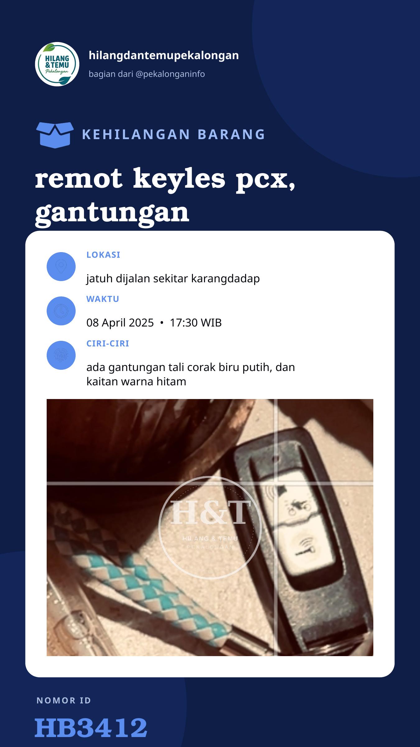 Story 9:16 laporan remot keyles pcx, gantungan tali corak biru putih, kaitan hitam