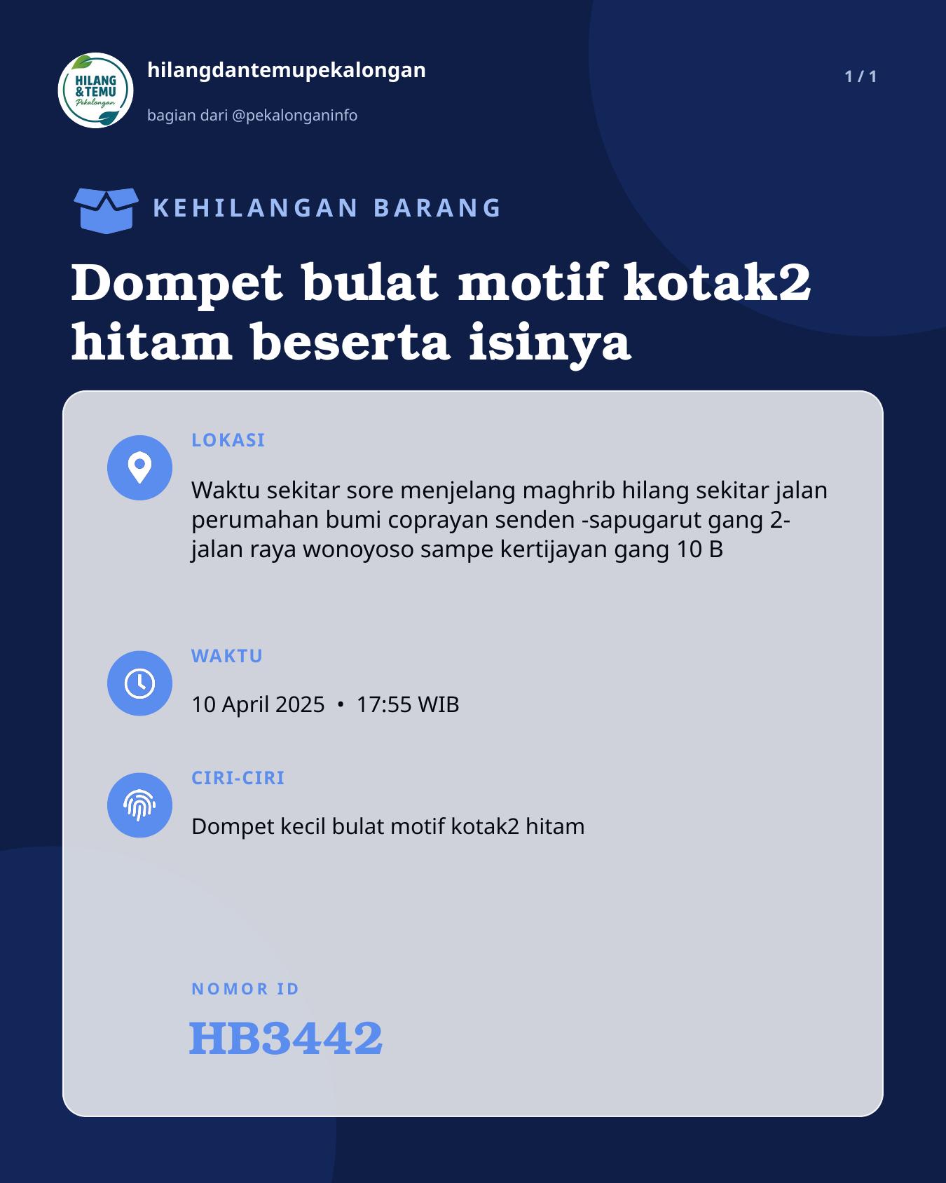 Slide laporan Dompet bulat motif kotak2 hitam beserta isinya (HB3442)