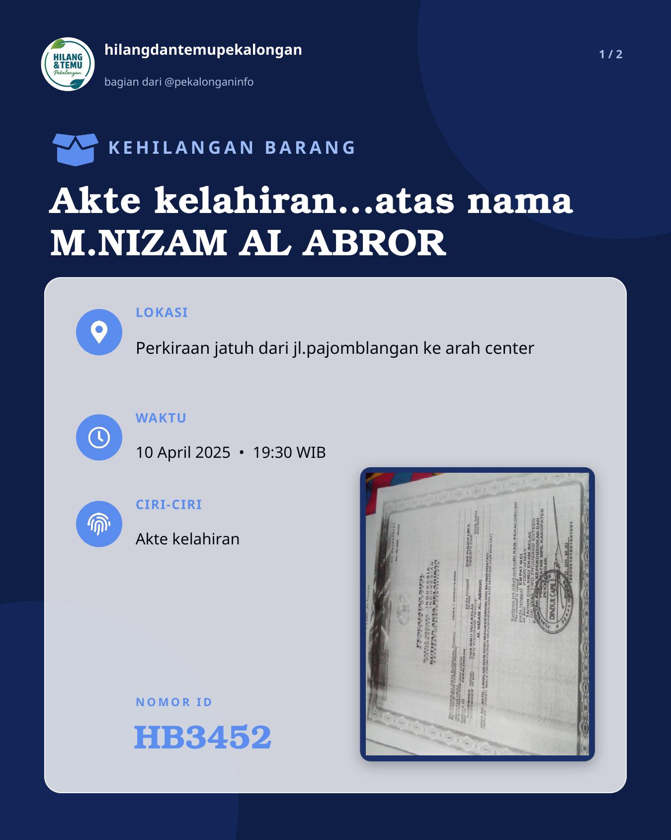 Slide 1 laporan Akte kelahiran...atas nama M.NIZAM AL ABROR