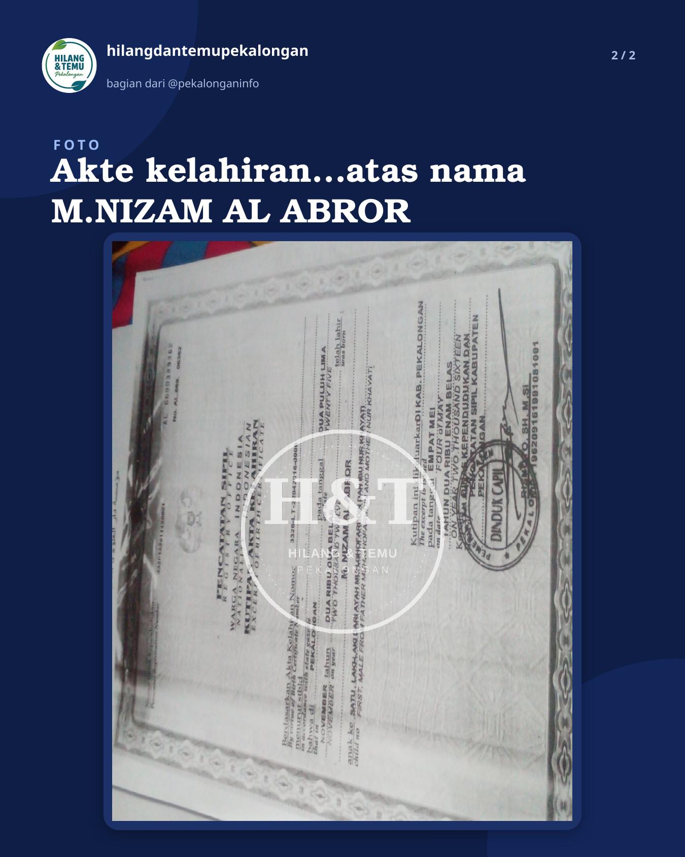 Slide 2 laporan Akte kelahiran...atas nama M.NIZAM AL ABROR