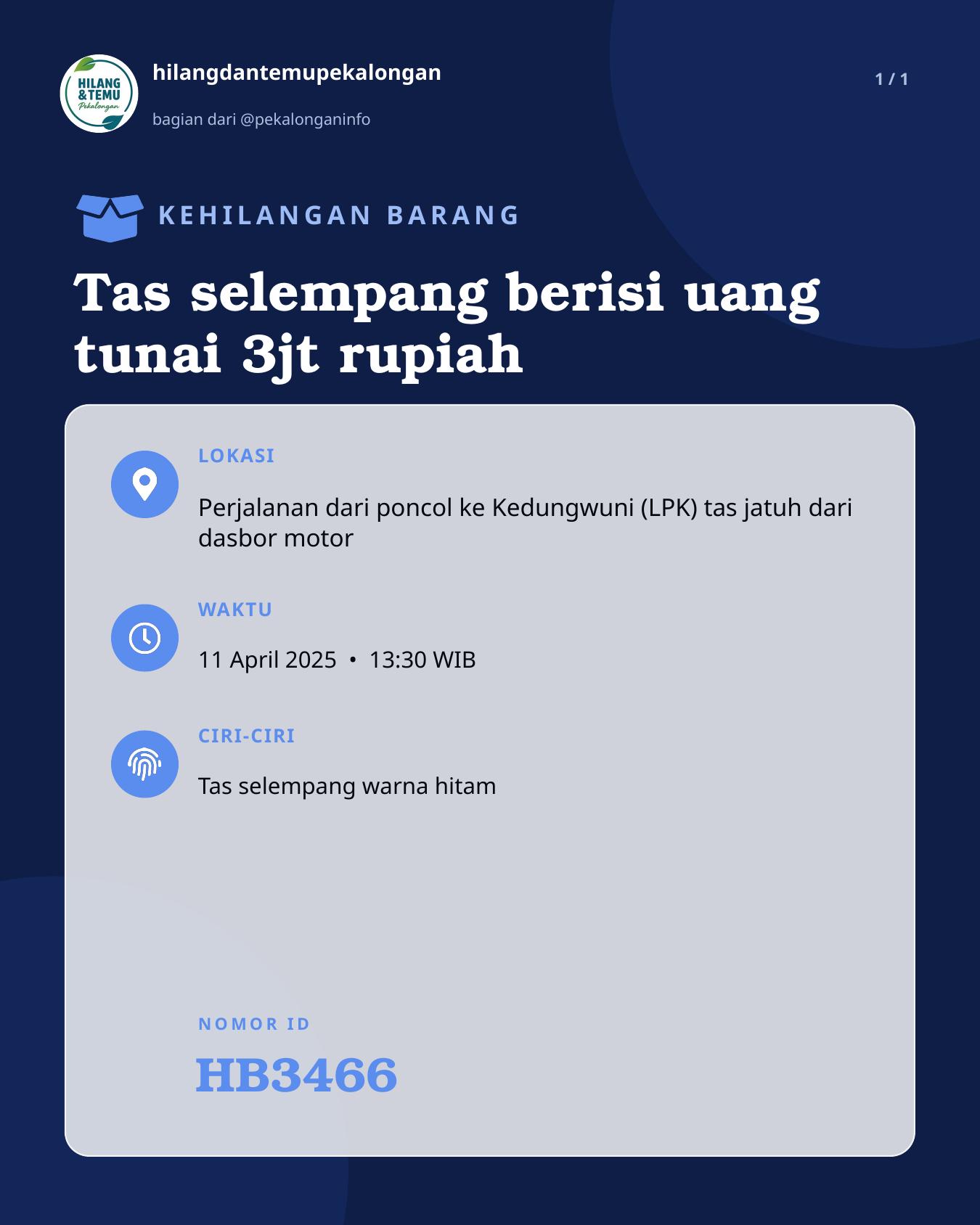 Slide laporan Tas selempang berisi uang tunai 3jt rupiah (HB3466)