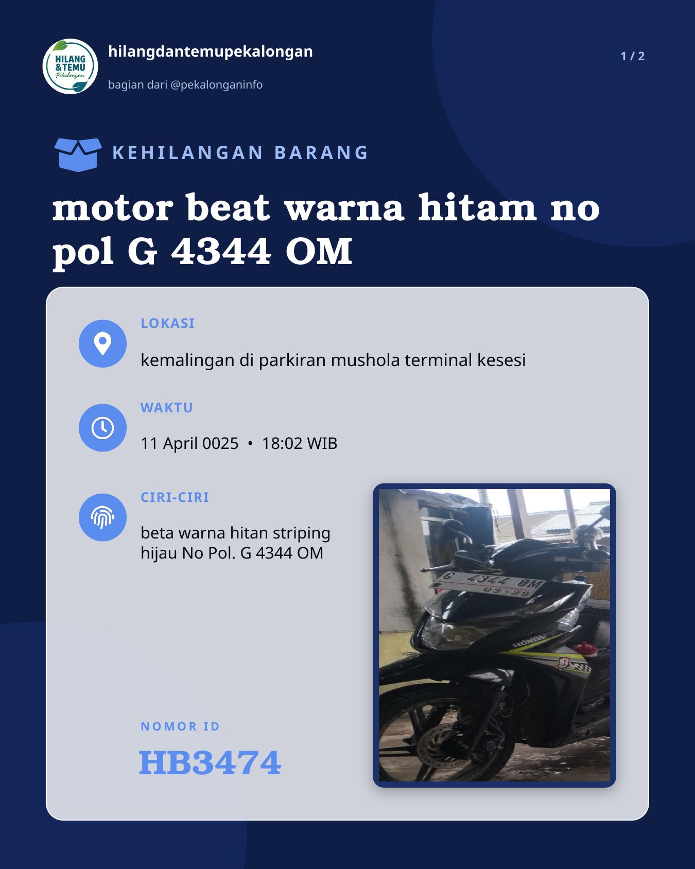 Slide 1 laporan motor beat warna hitam no pol G 4344 OM