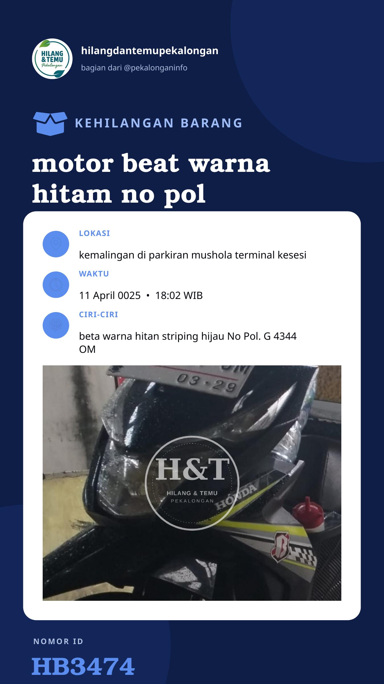 Story 9:16 laporan motor beat warna hitam no pol G 4344 OM