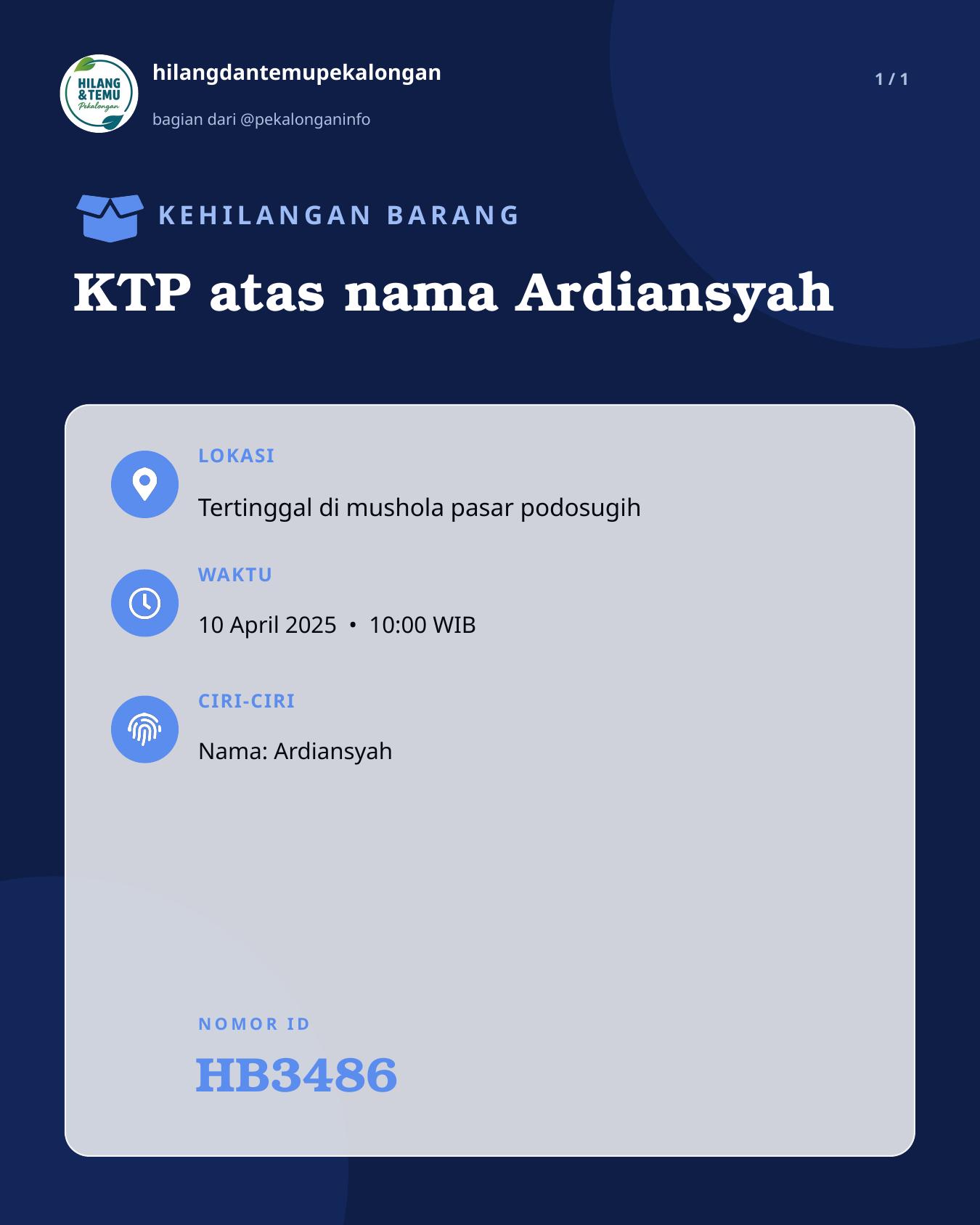 Slide laporan KTP atas nama Ardiansyah (HB3486)