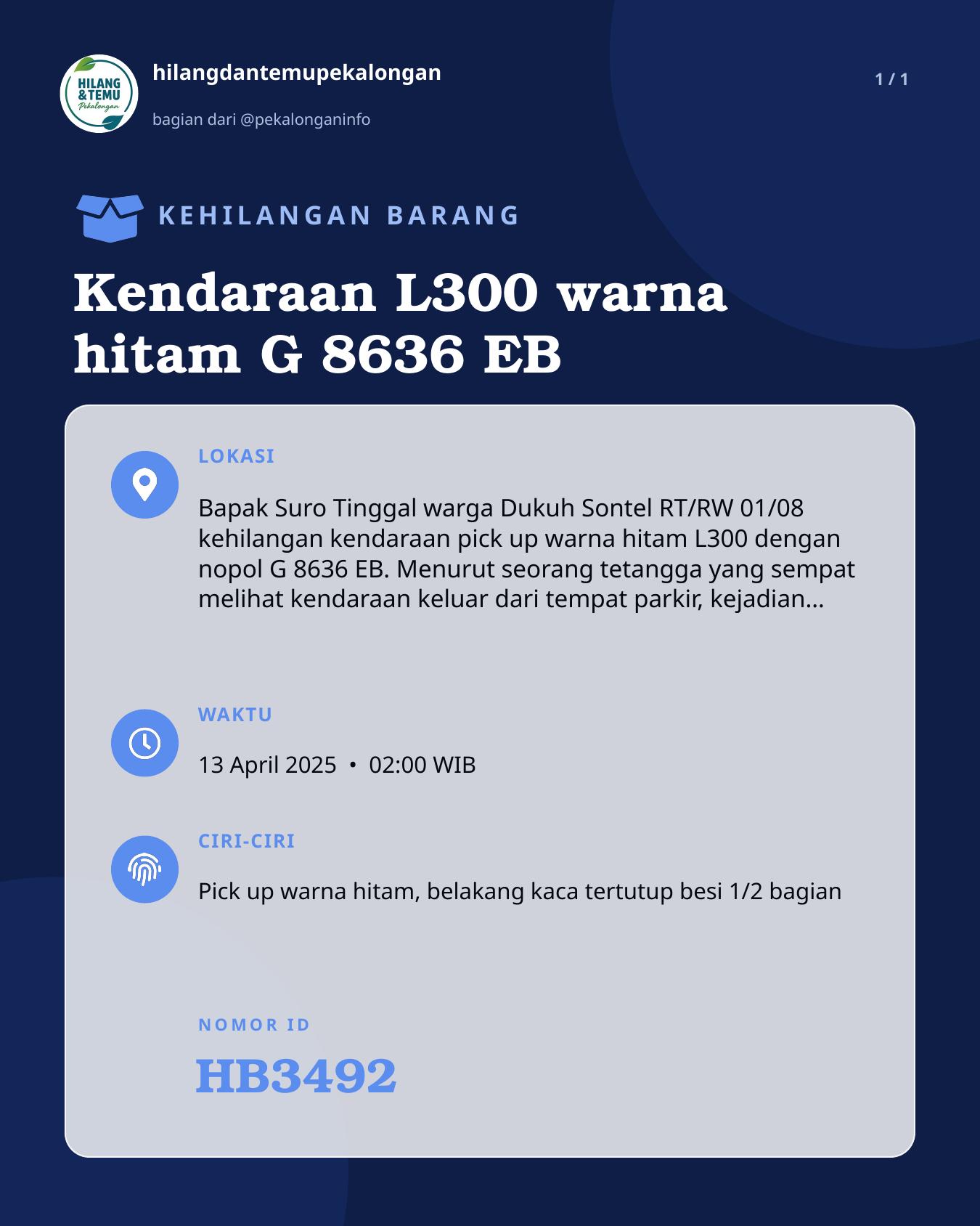 Slide laporan Kendaraan L300 warna hitam G 8636 EB (HB3492)
