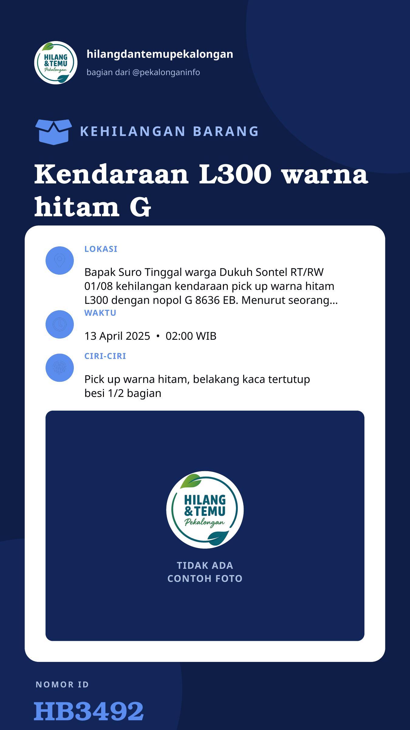Story 9:16 laporan Kendaraan L300 warna hitam G 8636 EB