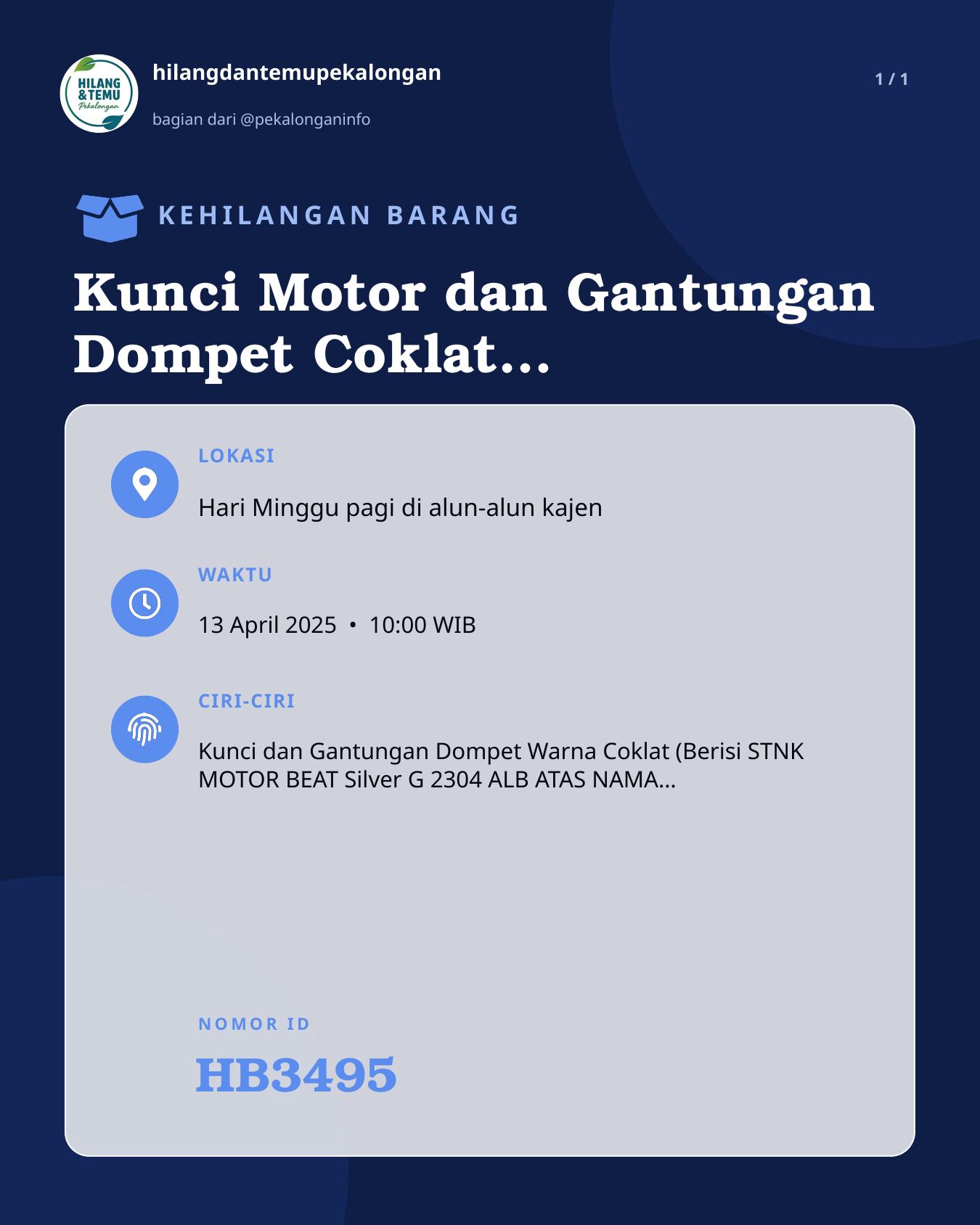 Slide laporan Kunci Motor dan Gantungan Dompet Coklat (Berisi STNK) (HB3495)