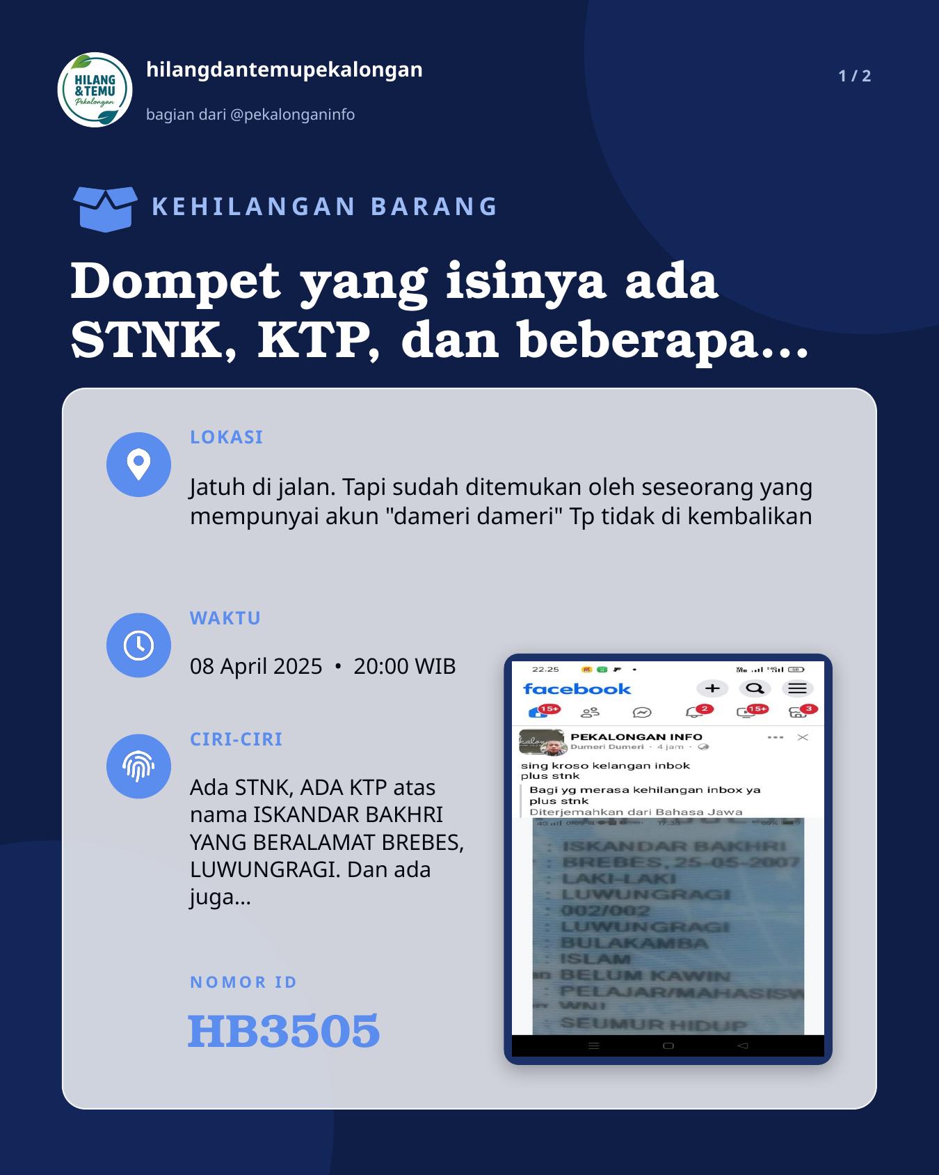 Slide 1 laporan Dompet yang isinya ada STNK, KTP, dan beberapa uang