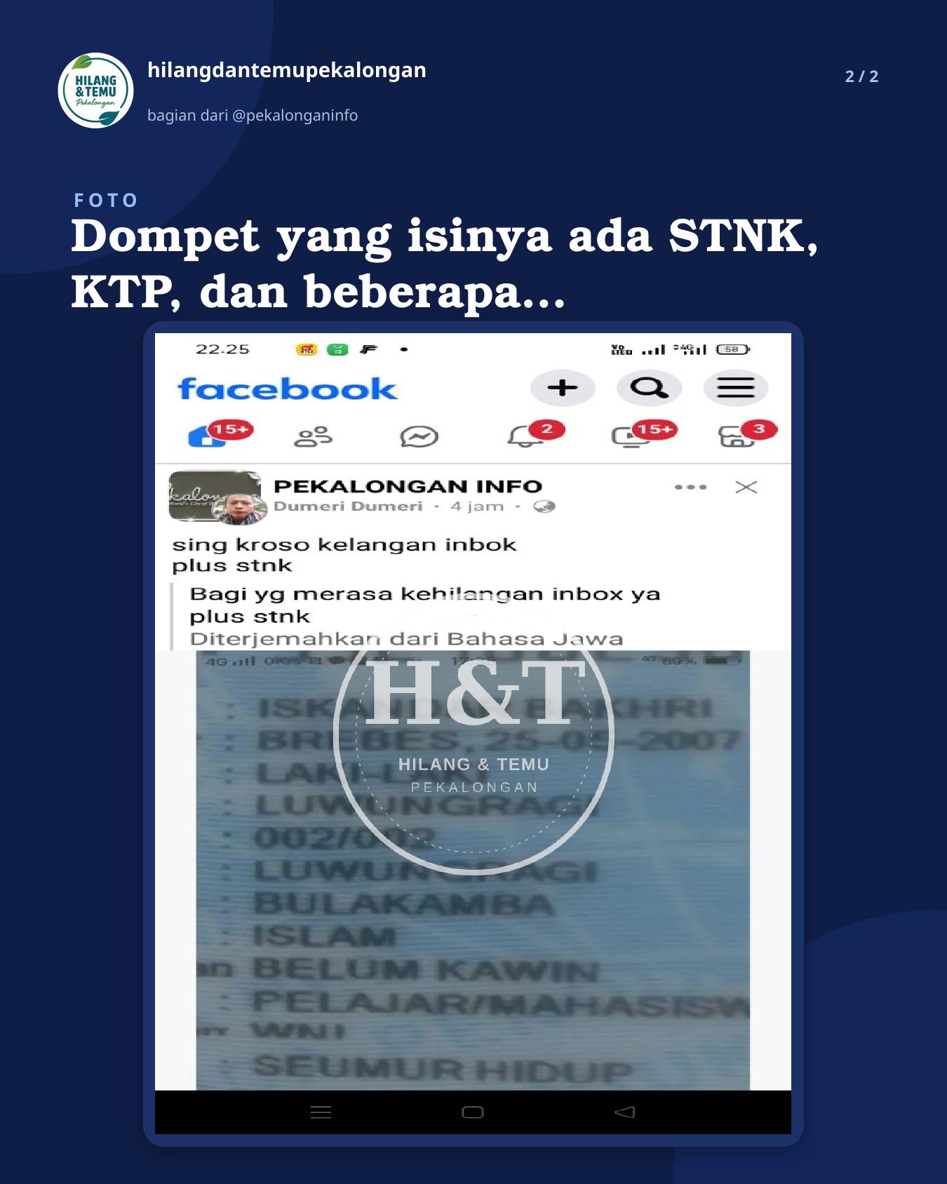 Slide 2 laporan Dompet yang isinya ada STNK, KTP, dan beberapa uang