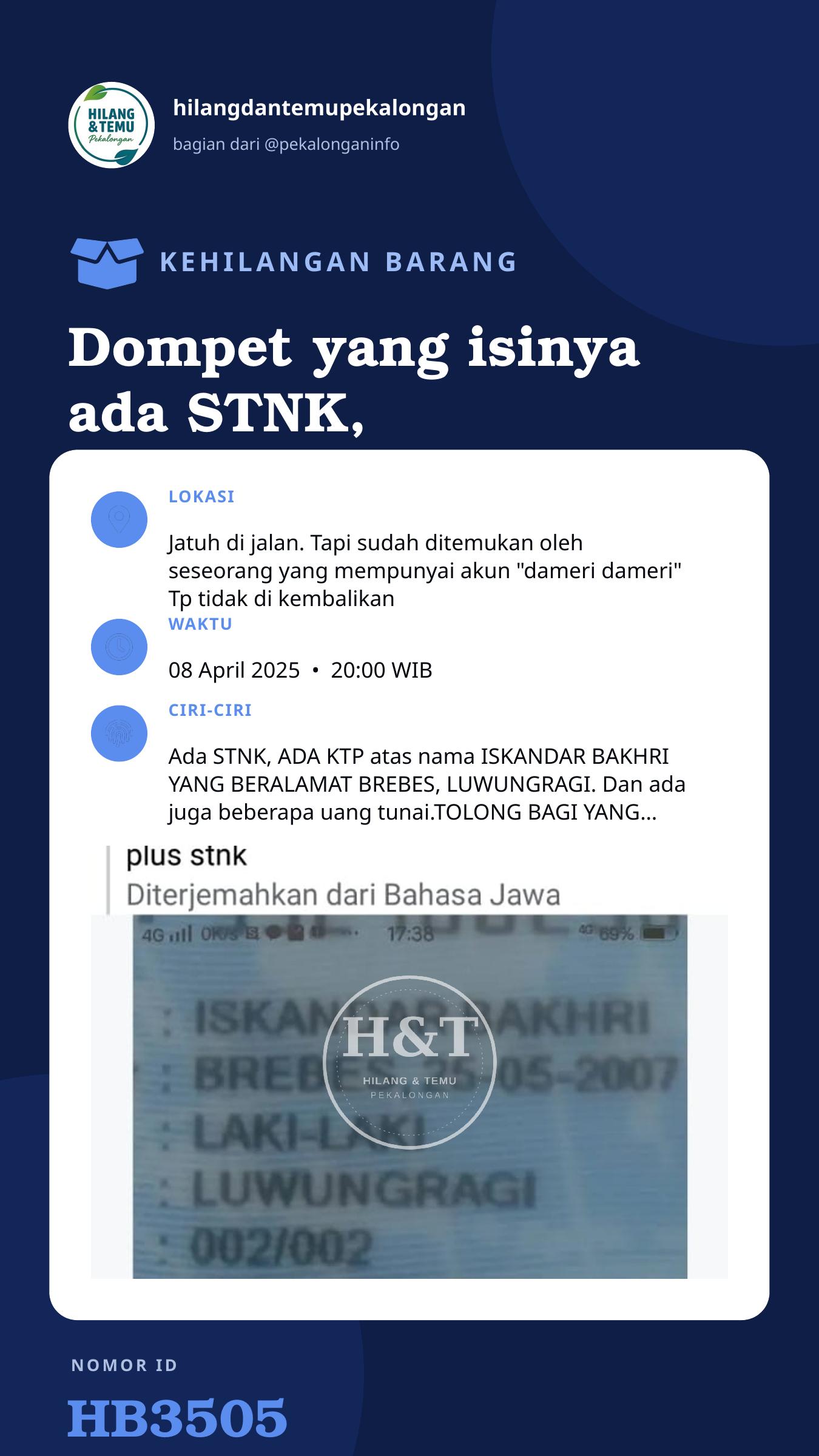 Story 9:16 laporan Dompet yang isinya ada STNK, KTP, dan beberapa uang