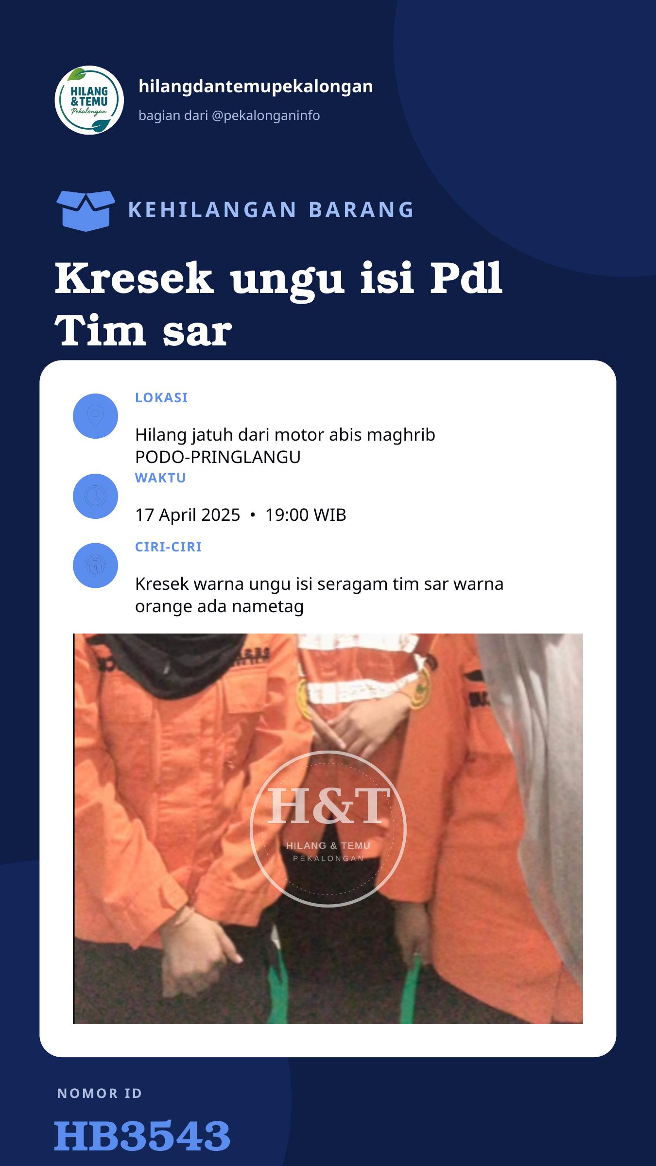 Story 9:16 laporan Kresek ungu isi Pdl Tim sar warna Orange