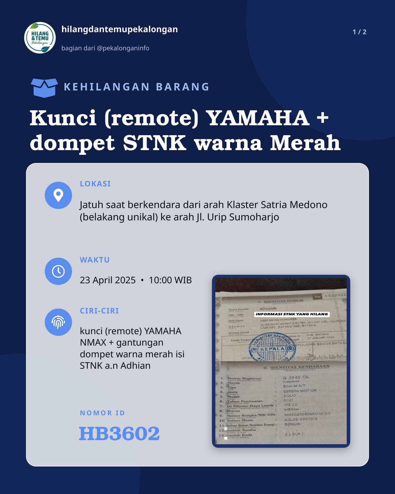 Slide 1 laporan Kunci (remote) YAMAHA + dompet STNK warna Merah