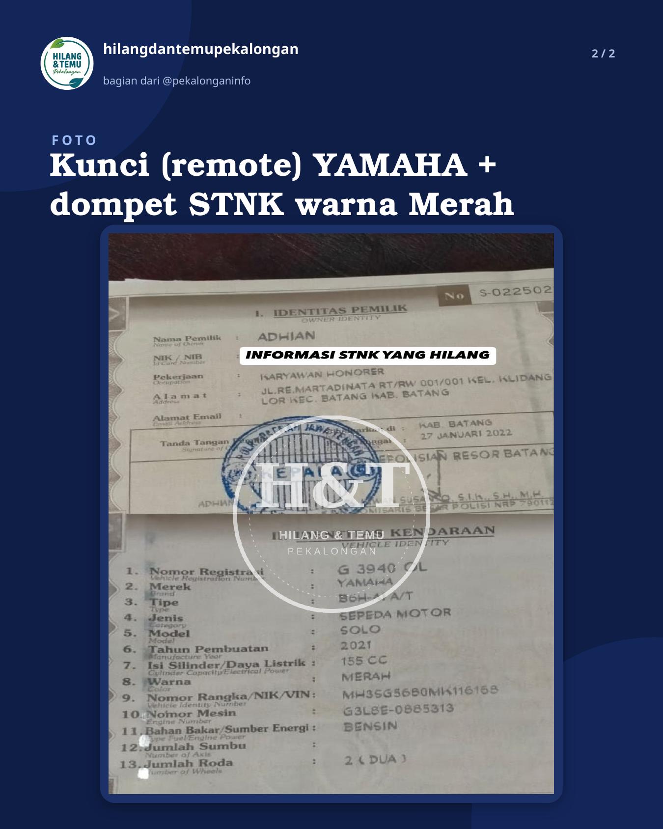 Slide 2 laporan Kunci (remote) YAMAHA + dompet STNK warna Merah