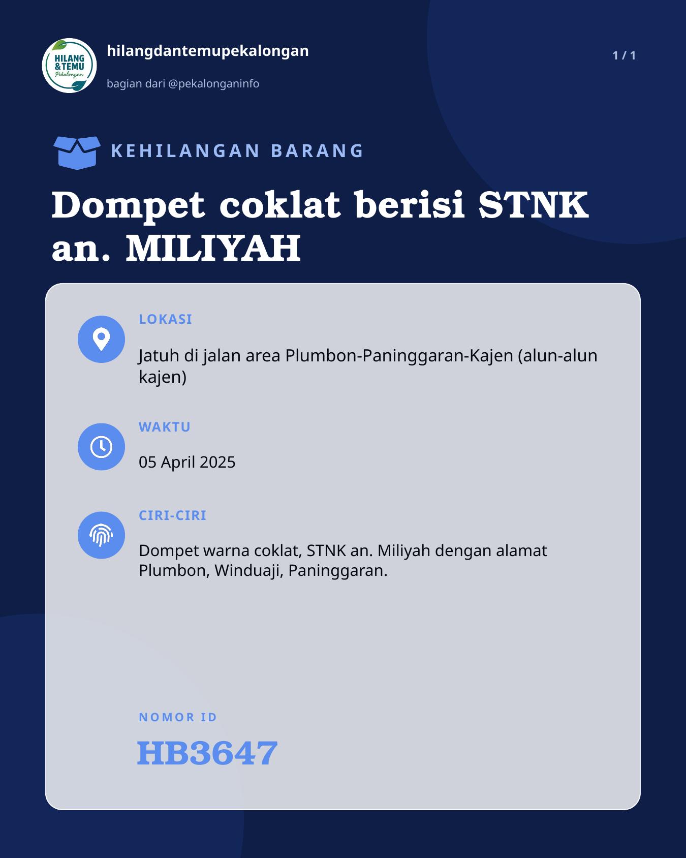 Slide laporan Dompet coklat berisi STNK an. MILIYAH (HB3647)