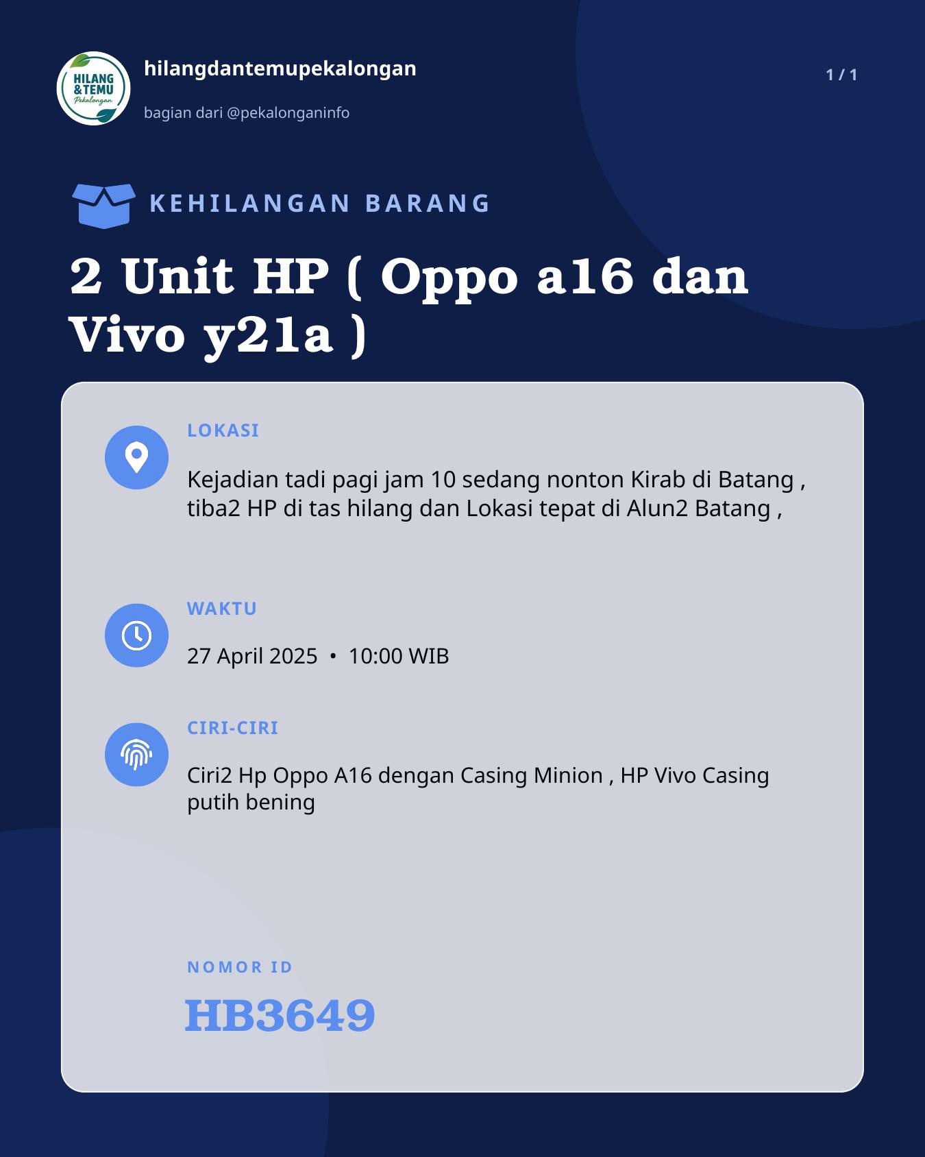 Slide laporan 2 Unit HP ( Oppo a16 dan Vivo y21a ) (HB3649)