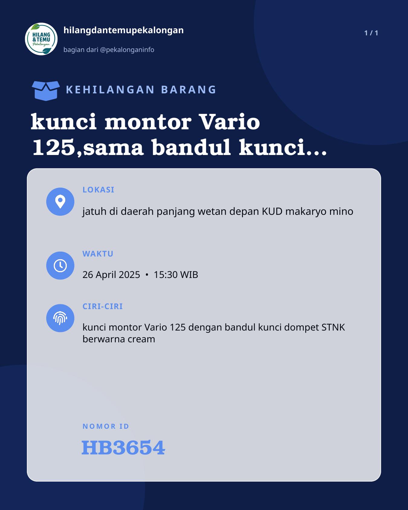 Slide laporan kunci montor Vario 125,sama bandul kunci dompet stnk (HB3654)