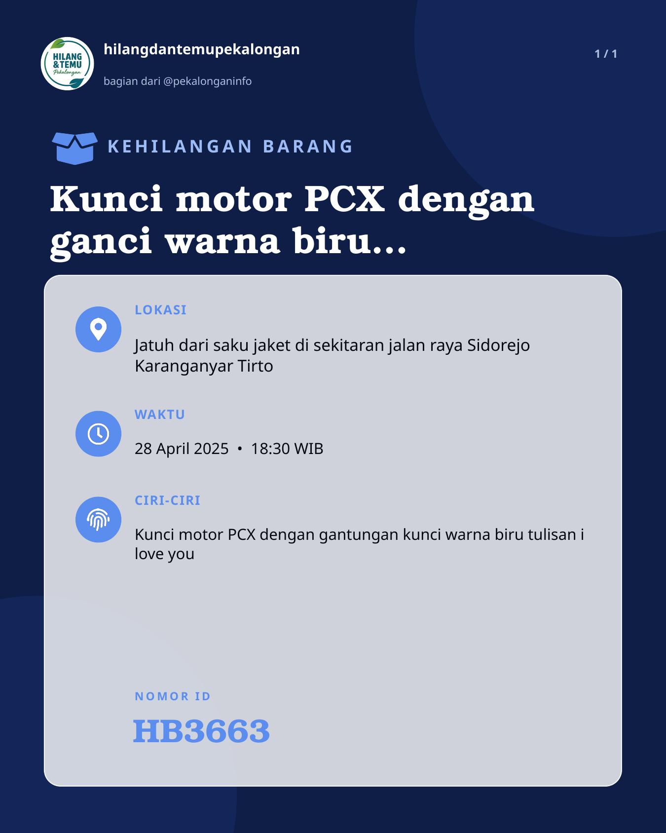 Slide laporan Kunci motor PCX dengan ganci warna biru bertuliskan i love you (HB3663)