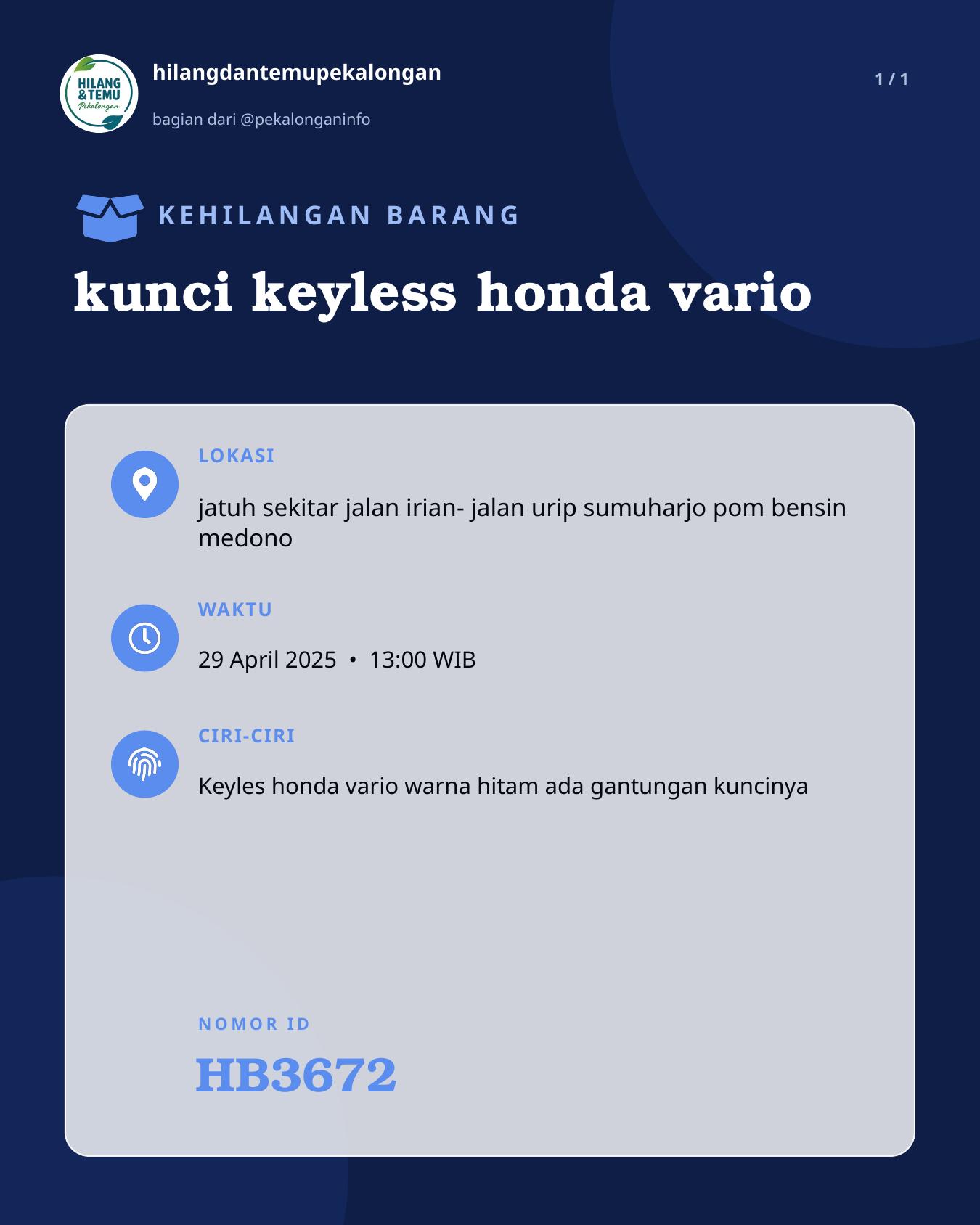 Slide laporan kunci keyless honda vario (HB3672)