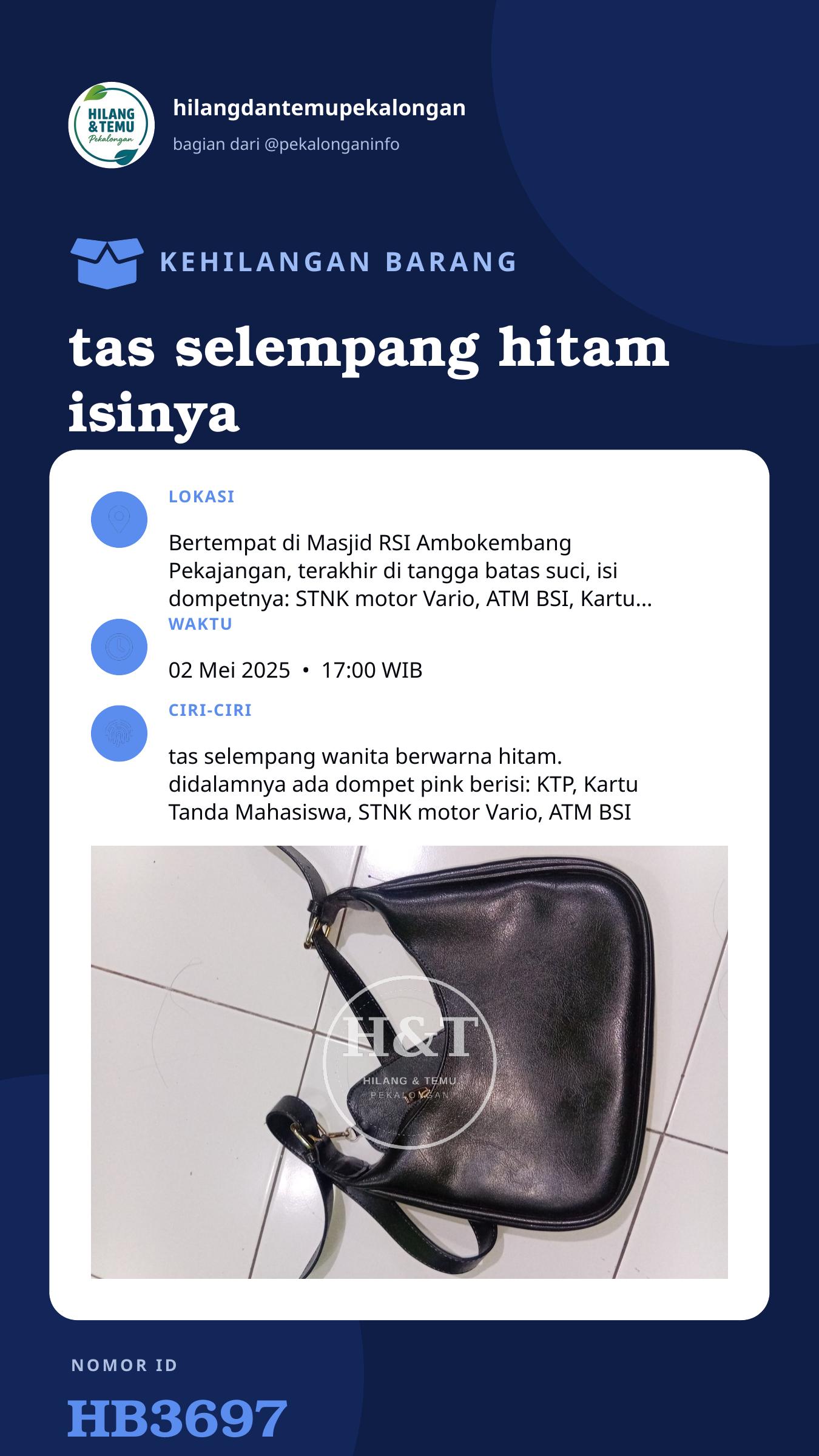 Story 9:16 laporan tas selempang hitam isinya dompet warna pink