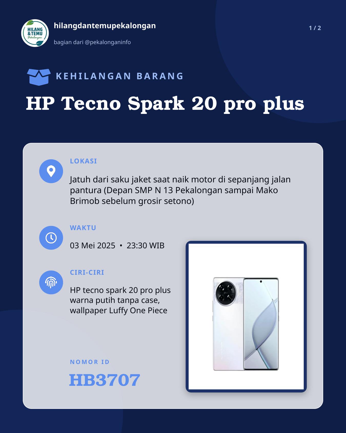 Slide 1 laporan HP Tecno Spark 20 pro plus
