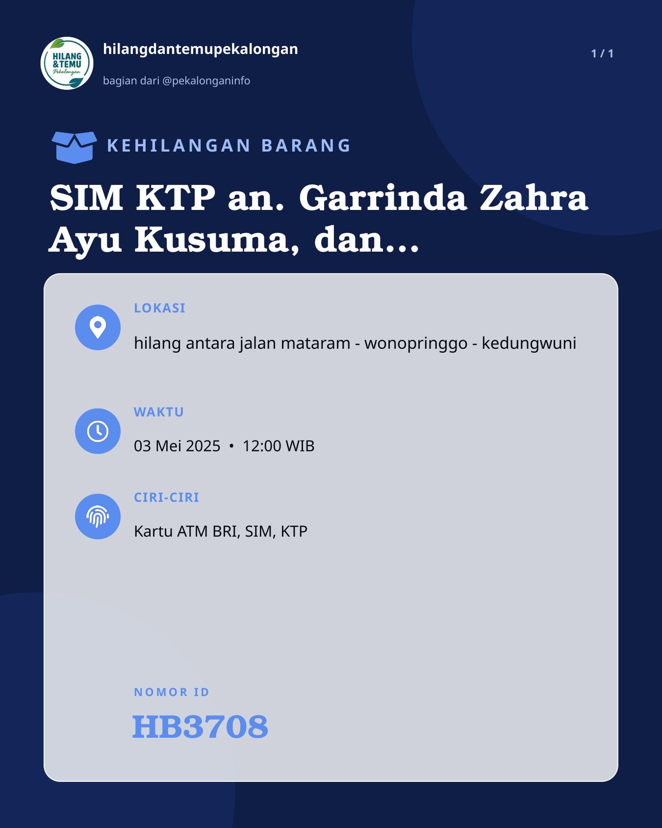 Slide laporan SIM KTP an. Garrinda Zahra Ayu Kusuma, dan Kartu ATM BRI (HB3708)