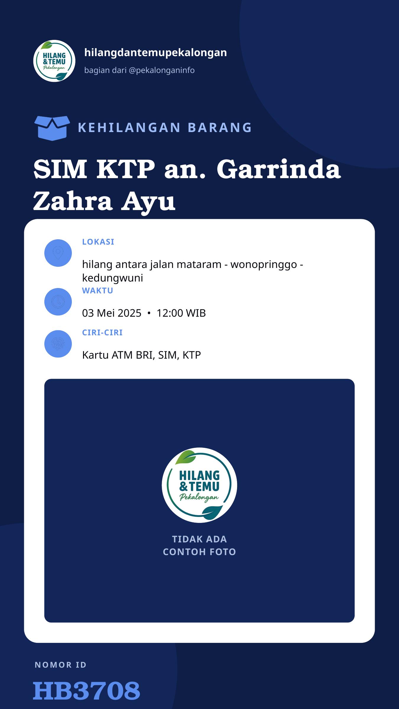 Story 9:16 laporan SIM KTP an. Garrinda Zahra Ayu Kusuma, dan Kartu ATM BRI