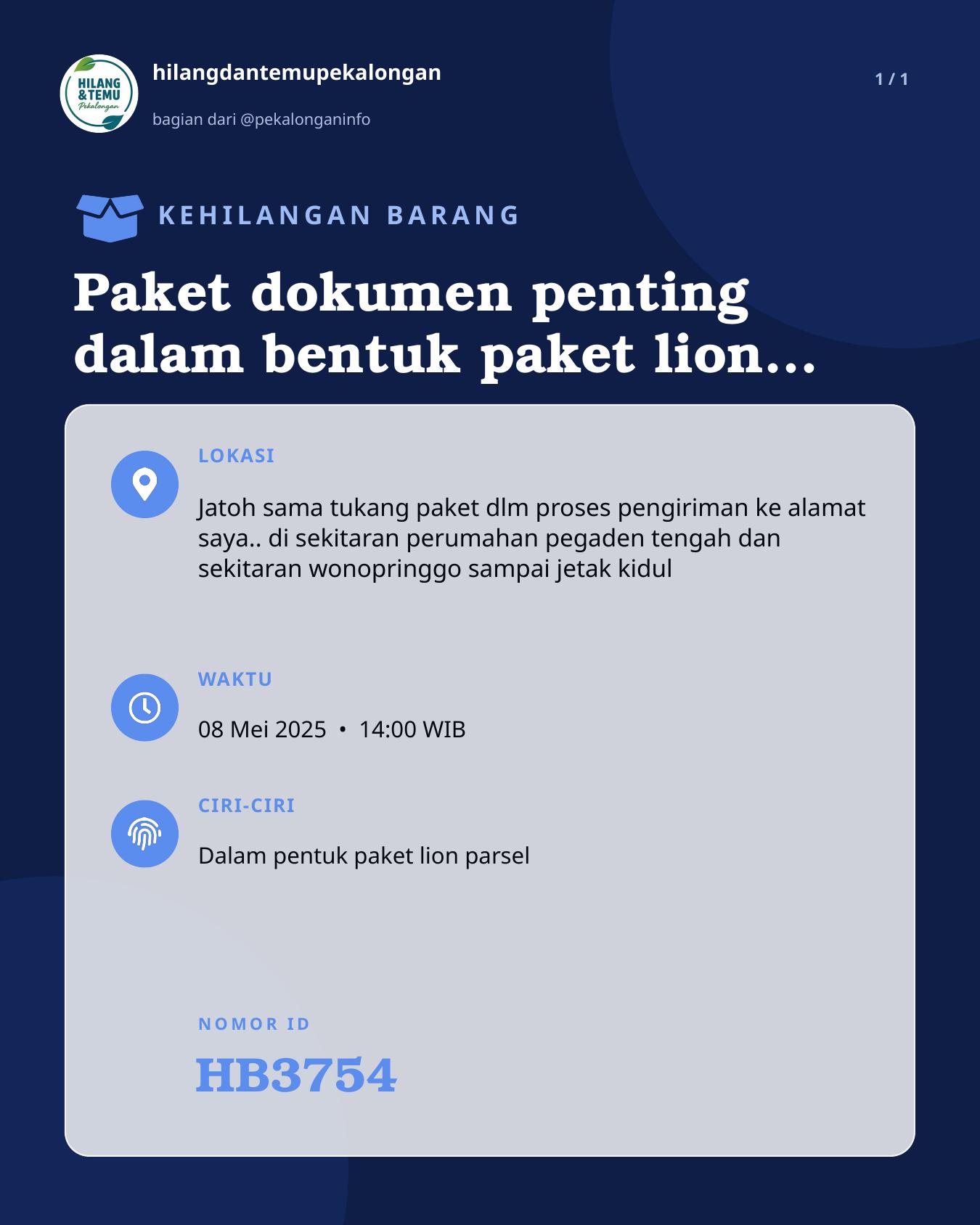 Slide laporan Paket dokumen penting dalam bentuk paket lion parsel (HB3754)