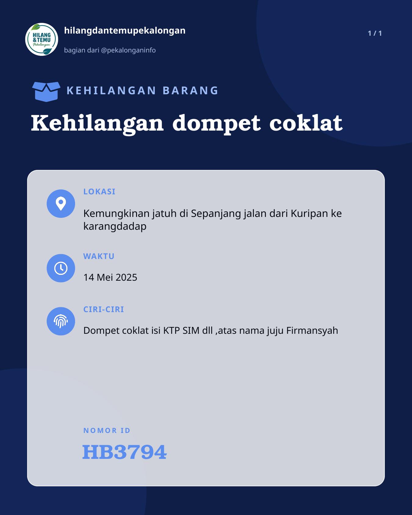 Slide laporan Kehilangan dompet coklat (HB3794)