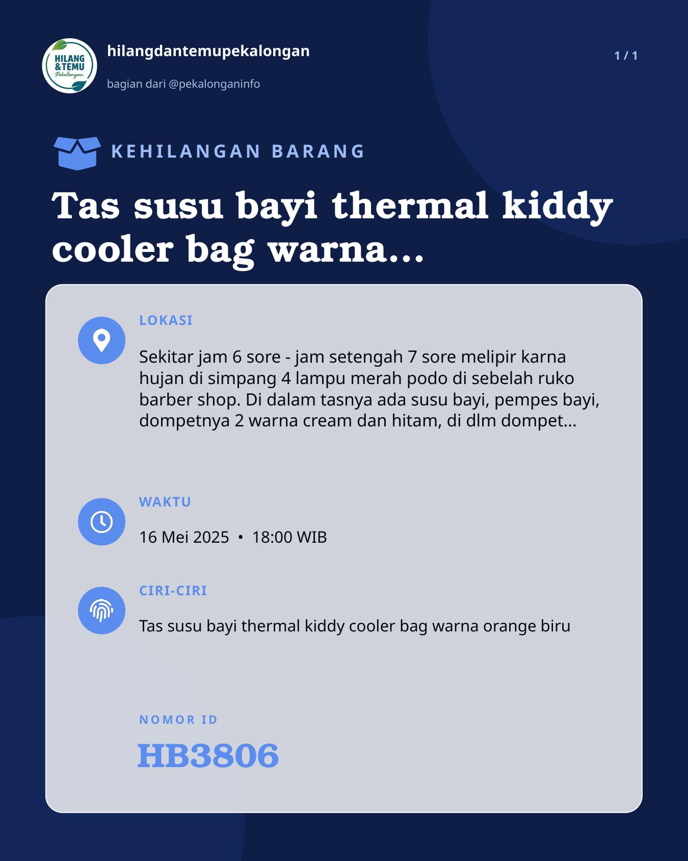 Slide laporan Tas susu bayi thermal kiddy cooler bag warna oranye biru (HB3806)