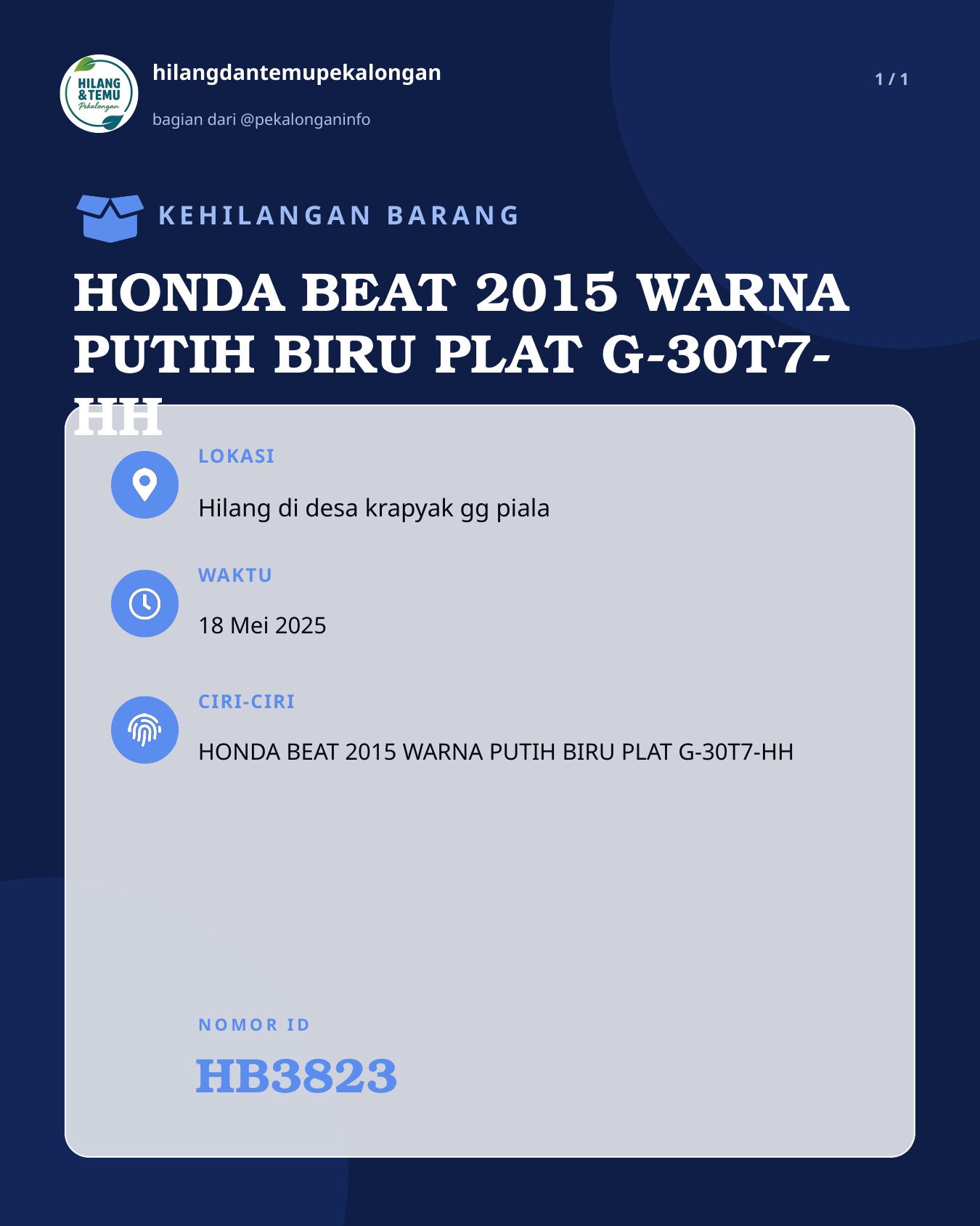 Slide laporan HONDA BEAT 2015 WARNA PUTIH BIRU PLAT G-30T7-HH (HB3823)