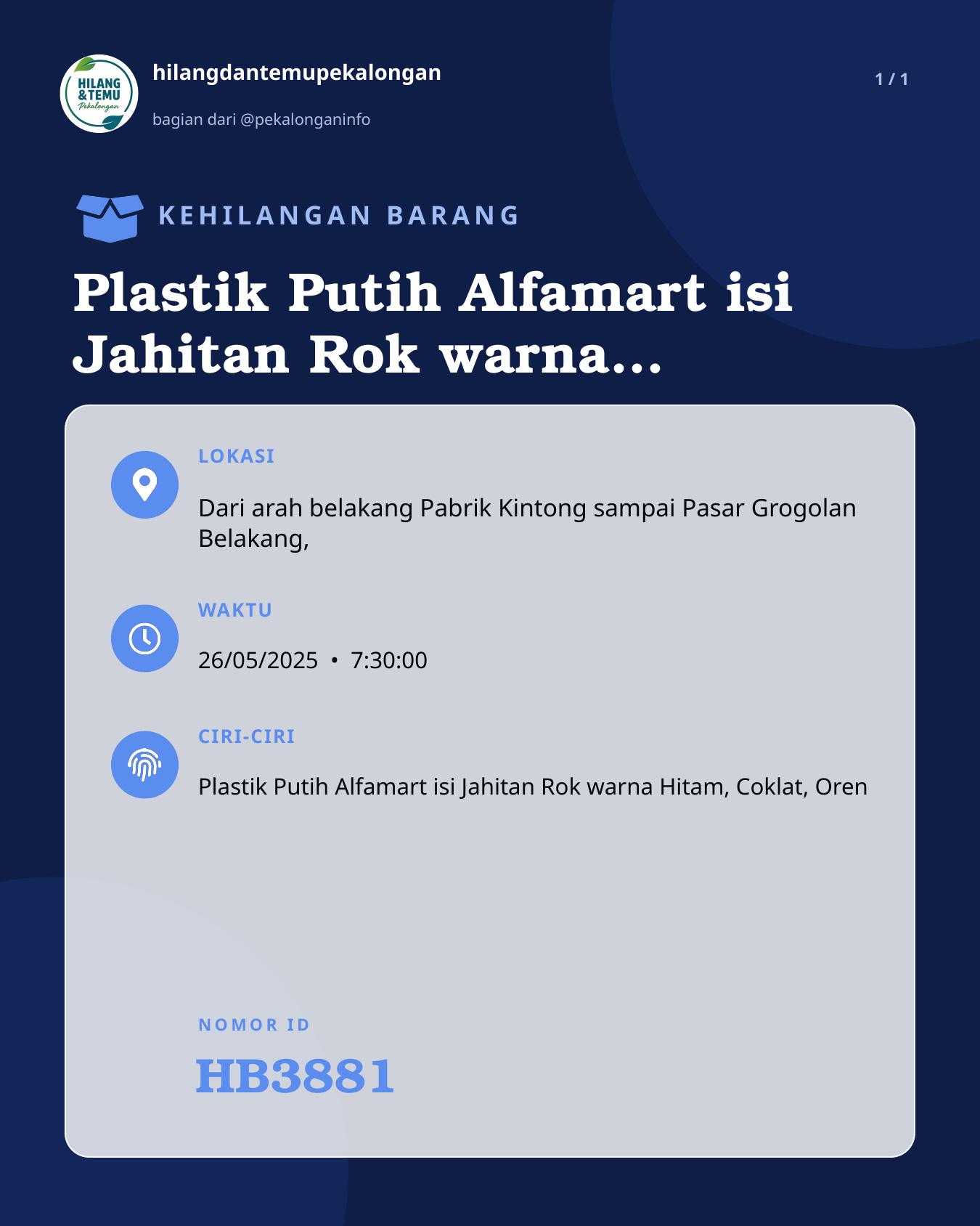 Slide laporan Plastik Putih Alfamart isi Jahitan Rok warna Hitam, Coklat, Oren (HB3881)
