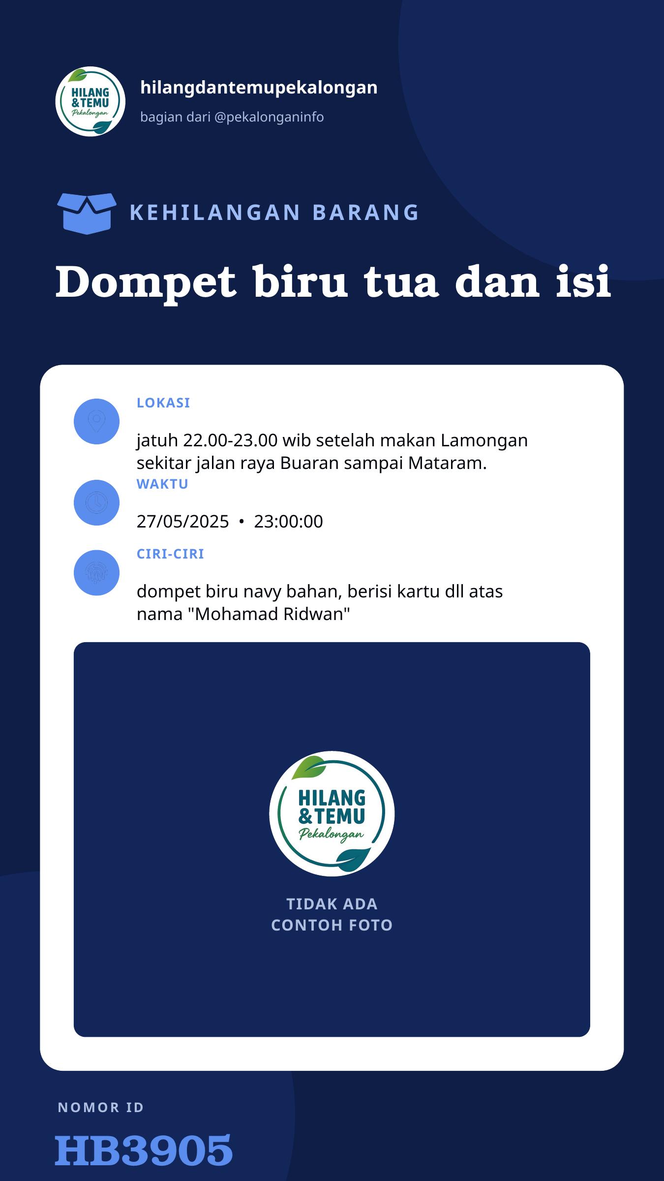 Story 9:16 laporan Dompet biru tua dan isi