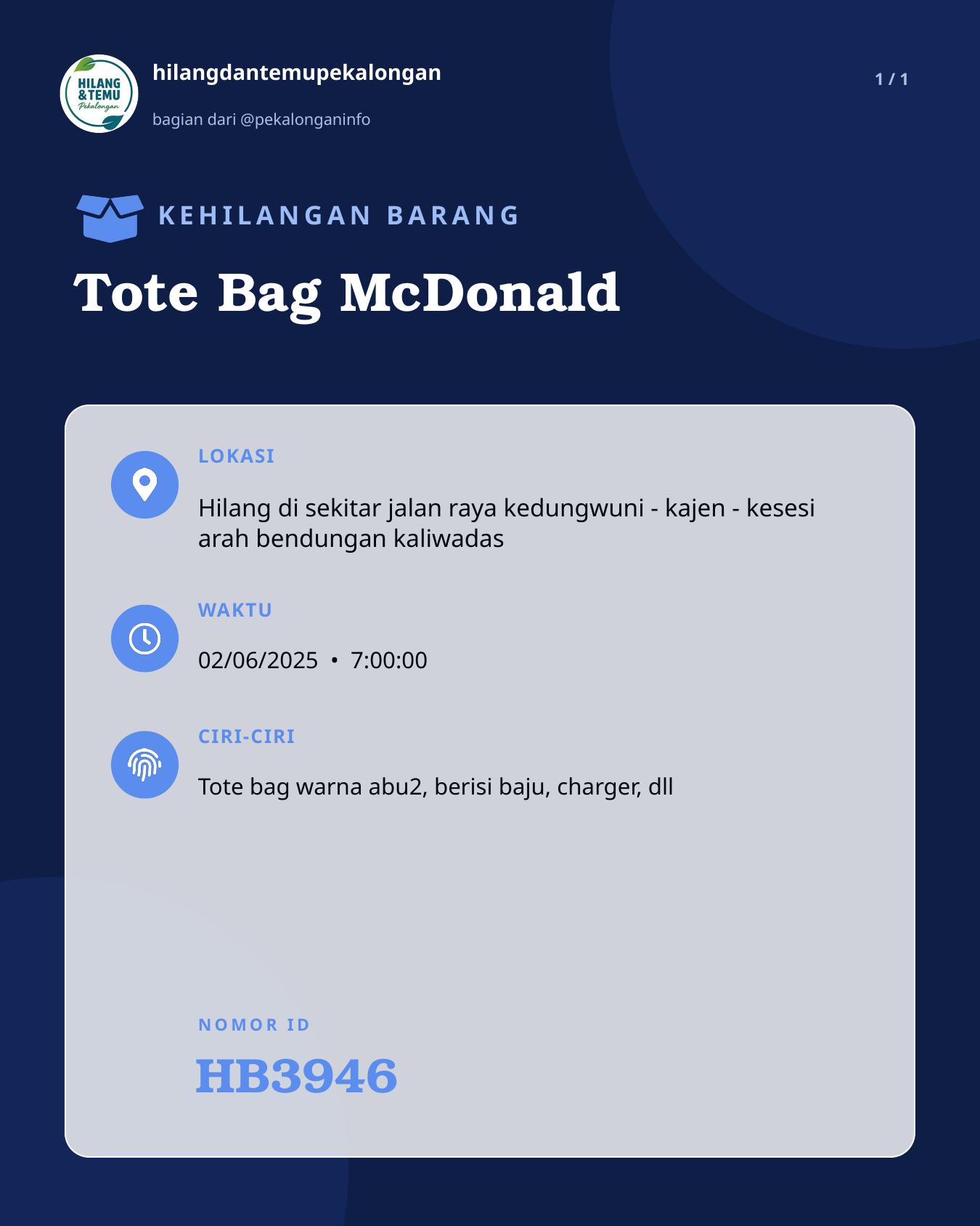 Slide laporan Tote Bag McDonald (HB3946)