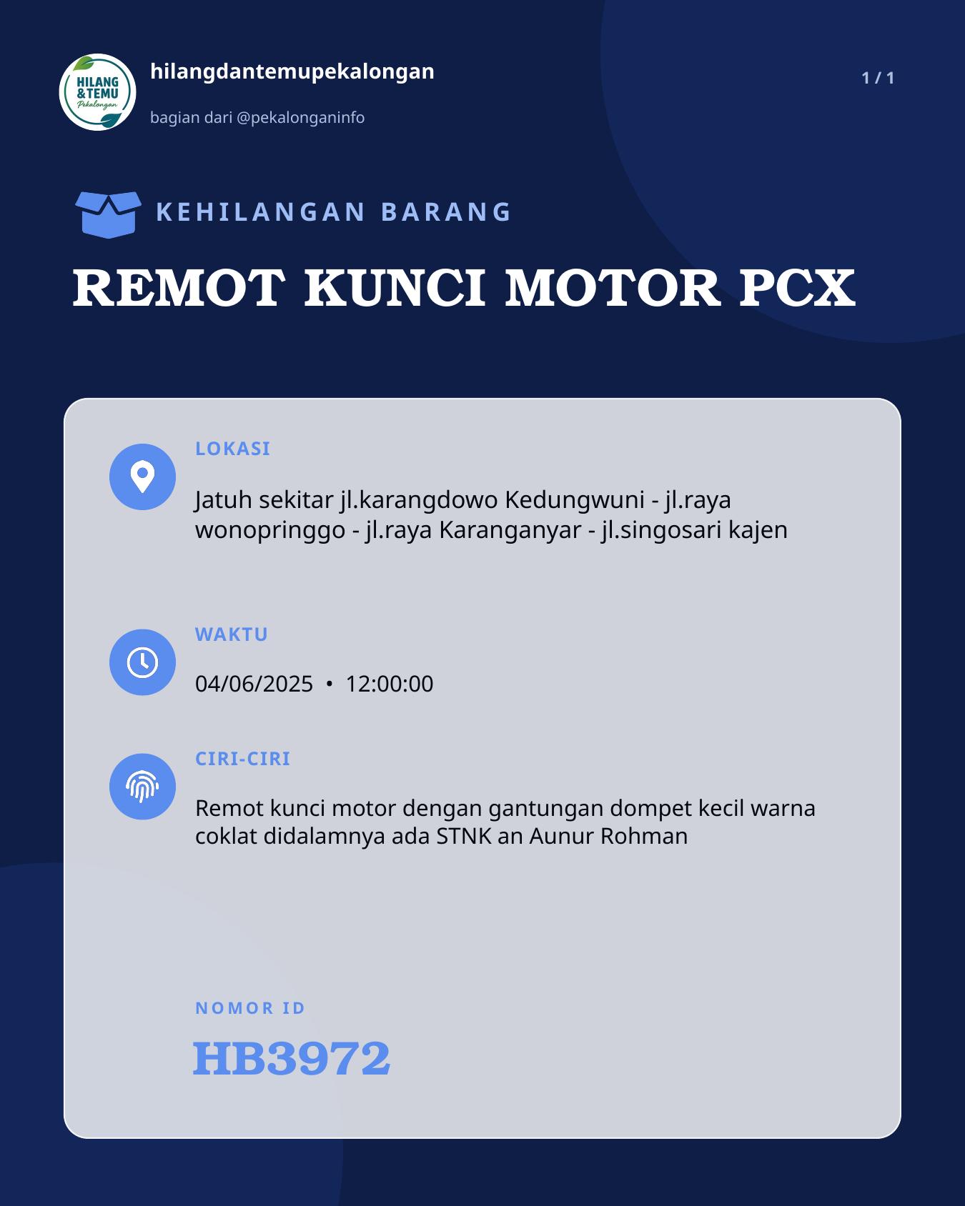 Slide laporan REMOT KUNCI MOTOR PCX (HB3972)