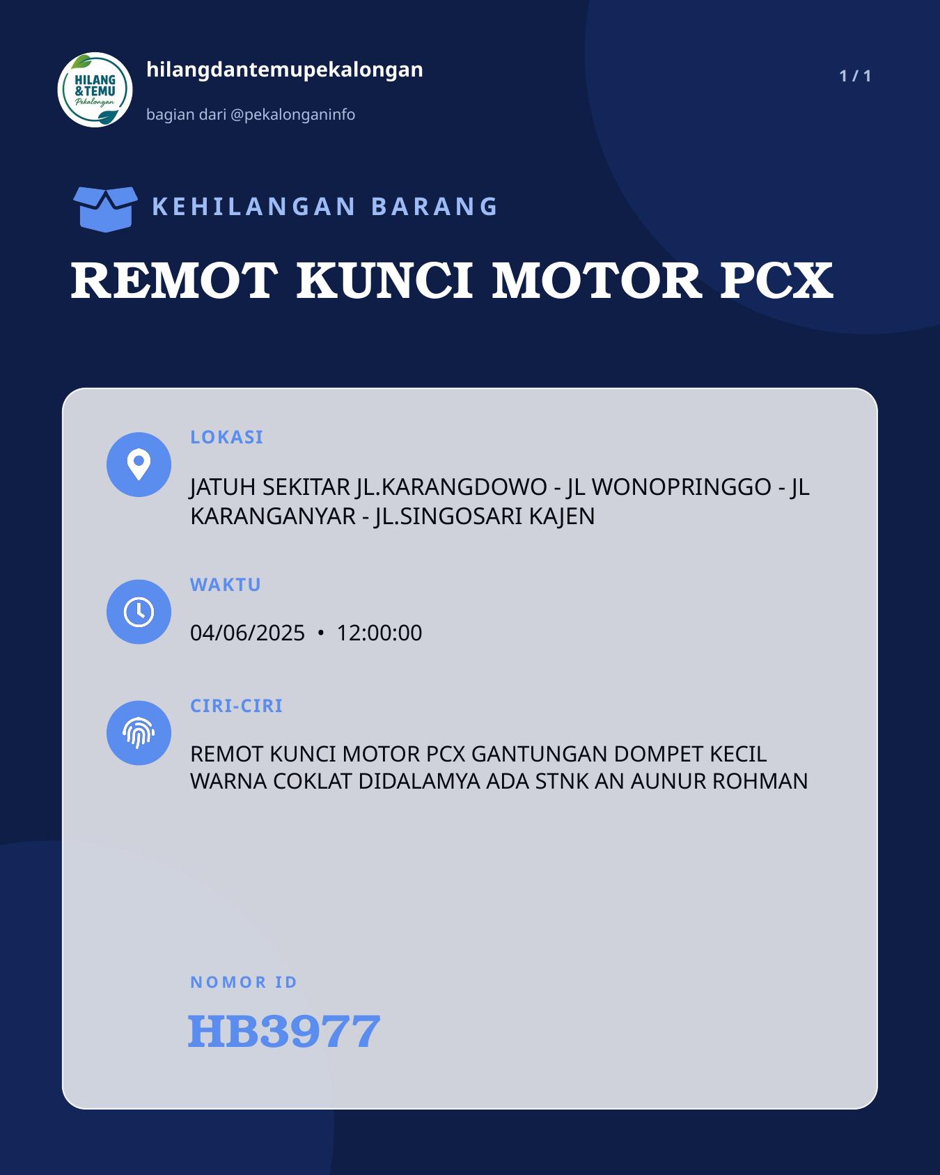 Slide laporan REMOT KUNCI MOTOR PCX (HB3977)