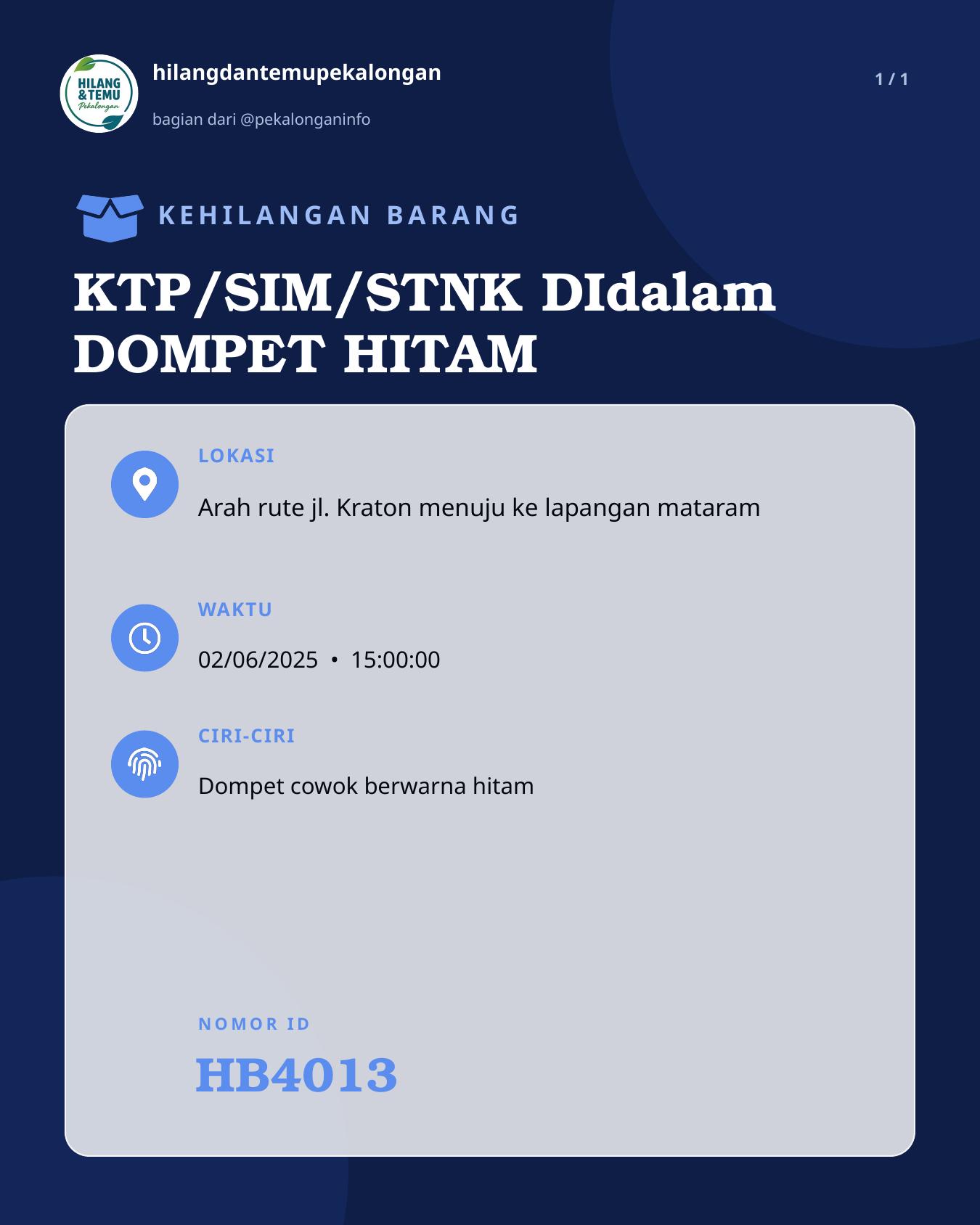 Slide laporan KTP/SIM/STNK DIdalam DOMPET HITAM (HB4013)