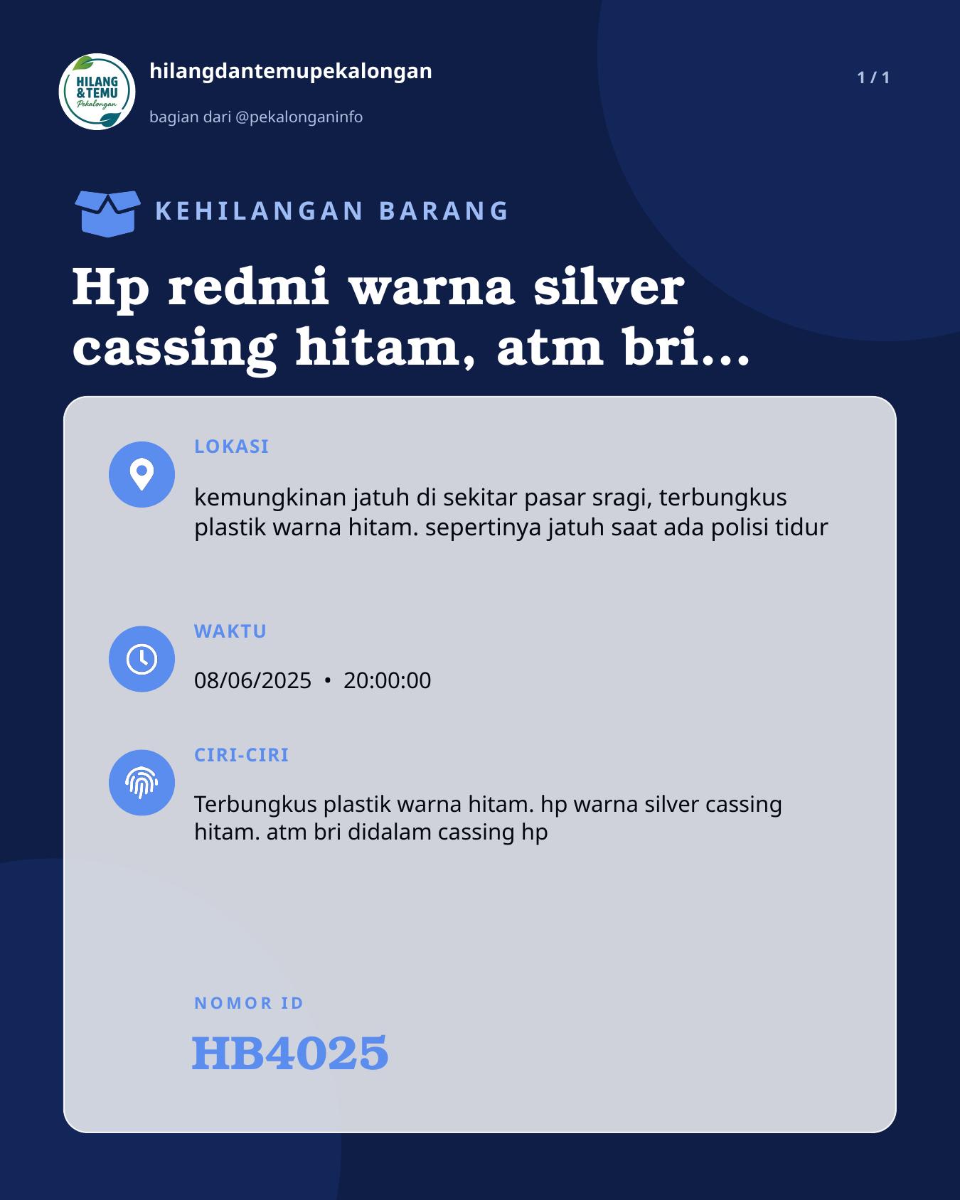 Slide laporan Hp redmi warna silver cassing hitam, atm bri (didalam plastik semua) (HB4025)