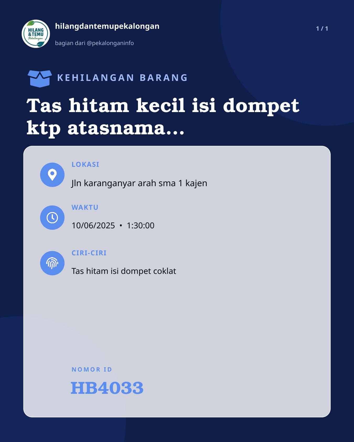 Slide laporan Tas hitam kecil isi dompet ktp atasnama khusnul romadhon hp oppo (HB4033)