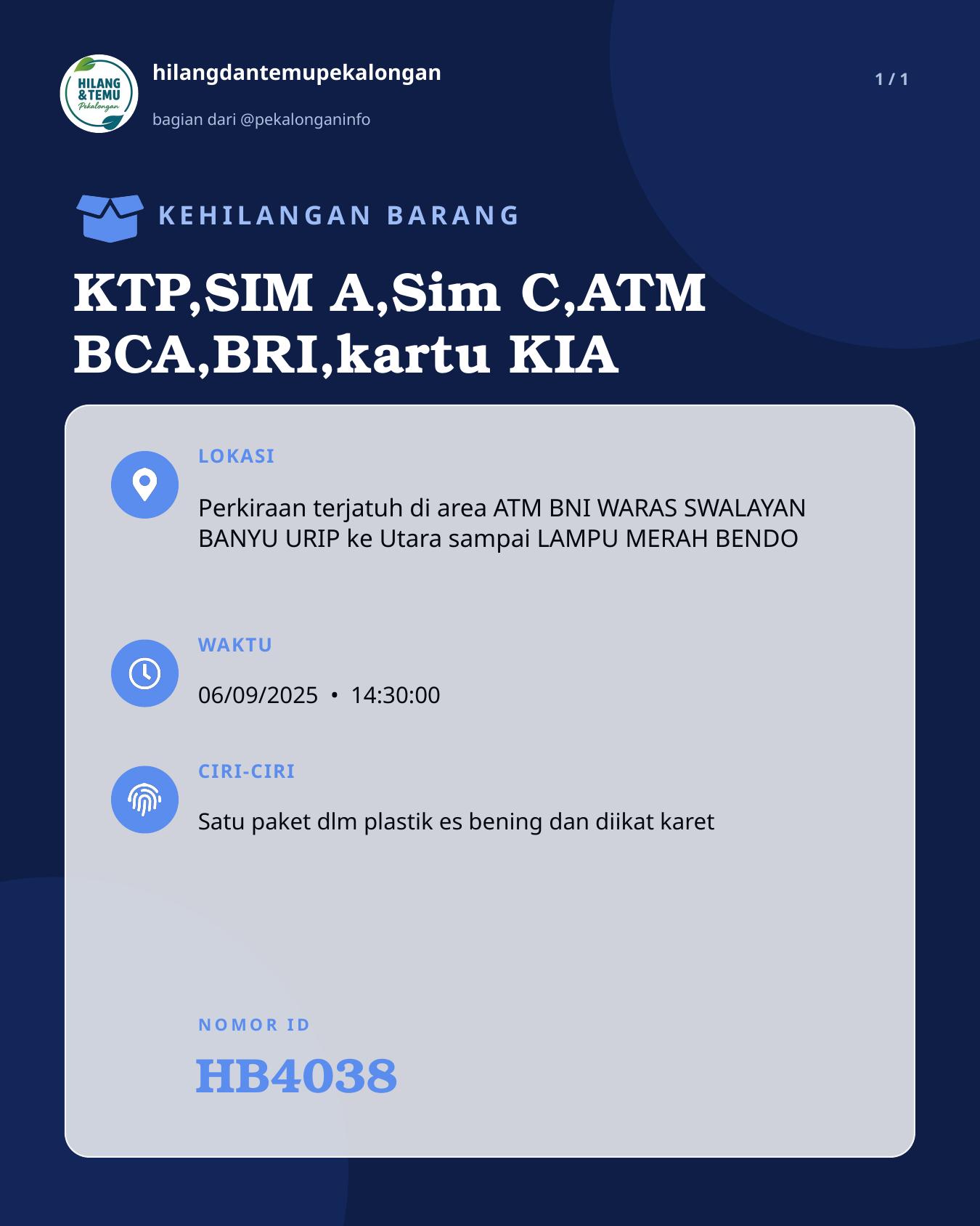 Slide laporan KTP,SIM A,Sim C,ATM BCA,BRI,kartu KIA (HB4038)